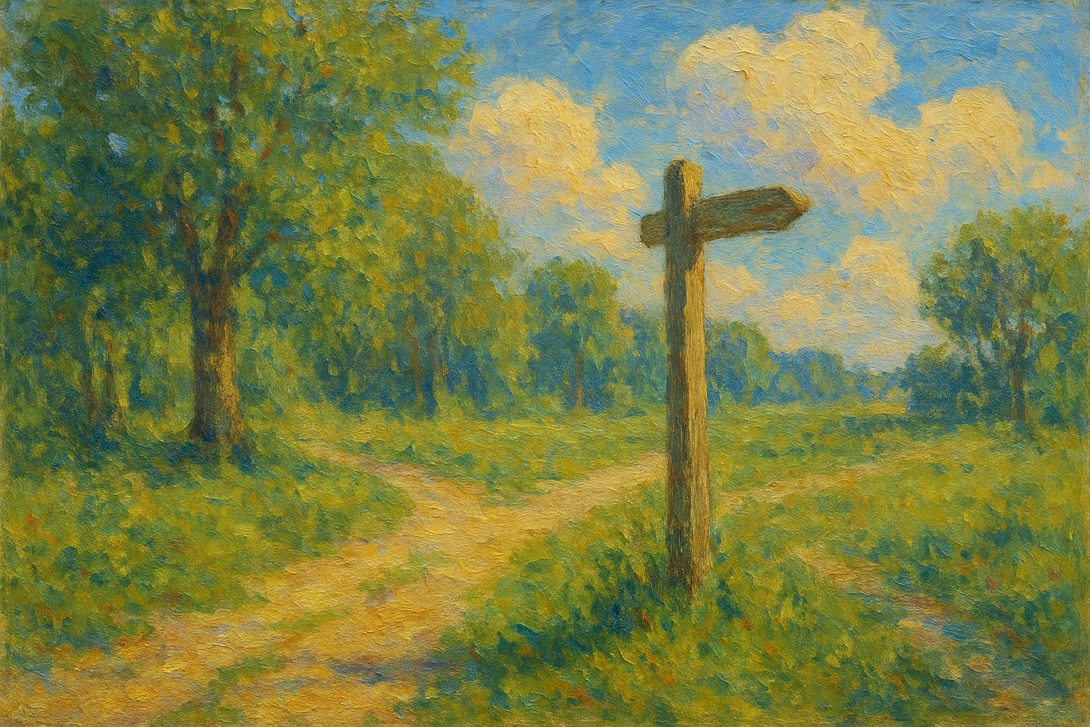 Impressionistisches Ölgemälde: eine Wegkreuzung mit einem hölzernen Wegweiser