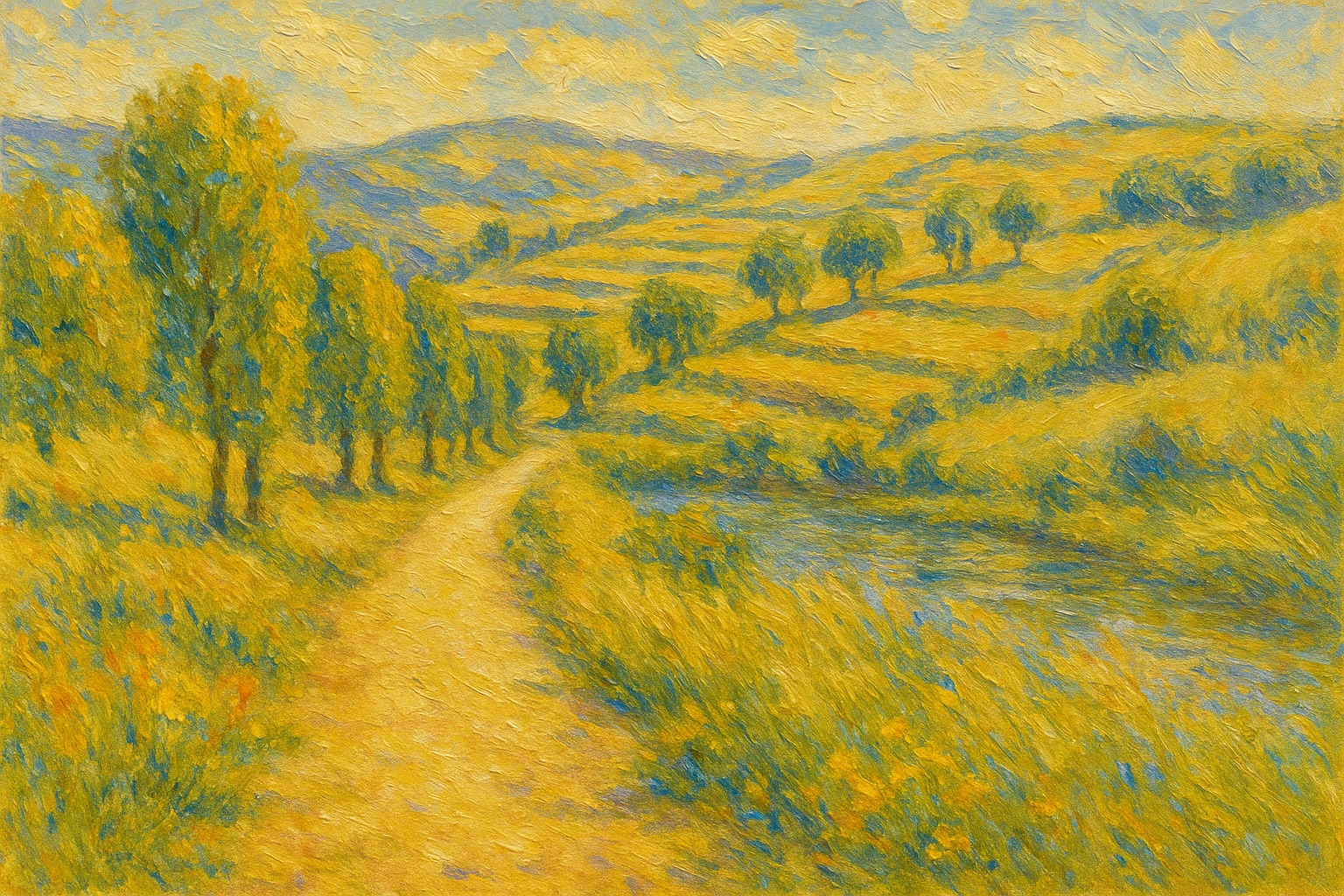 Impressionistisches Ölgemälde: Terrassenfelder, die den Hang in Stufen ordnen