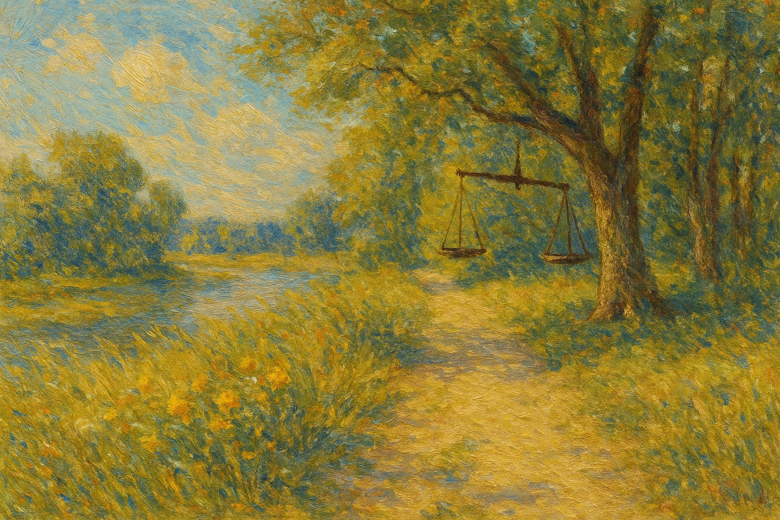 Impressionistisches Ölgemälde: eine Balkenwaage unter einem Baum