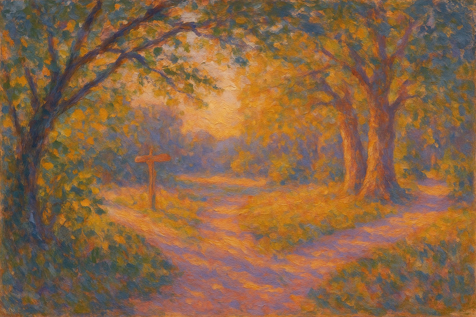 Impressionistisches Ölgemälde: zwei Wege, die sich an einer Wegmarke trennen