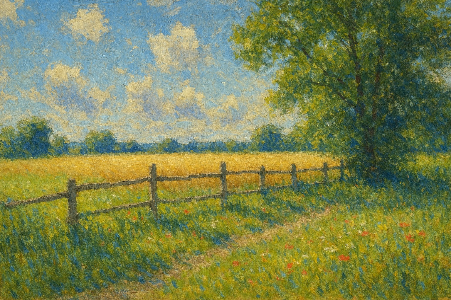 Impressionistisches Ölgemälde: ein Zaun, der eine Fläche in klare Abschnitte gliedert