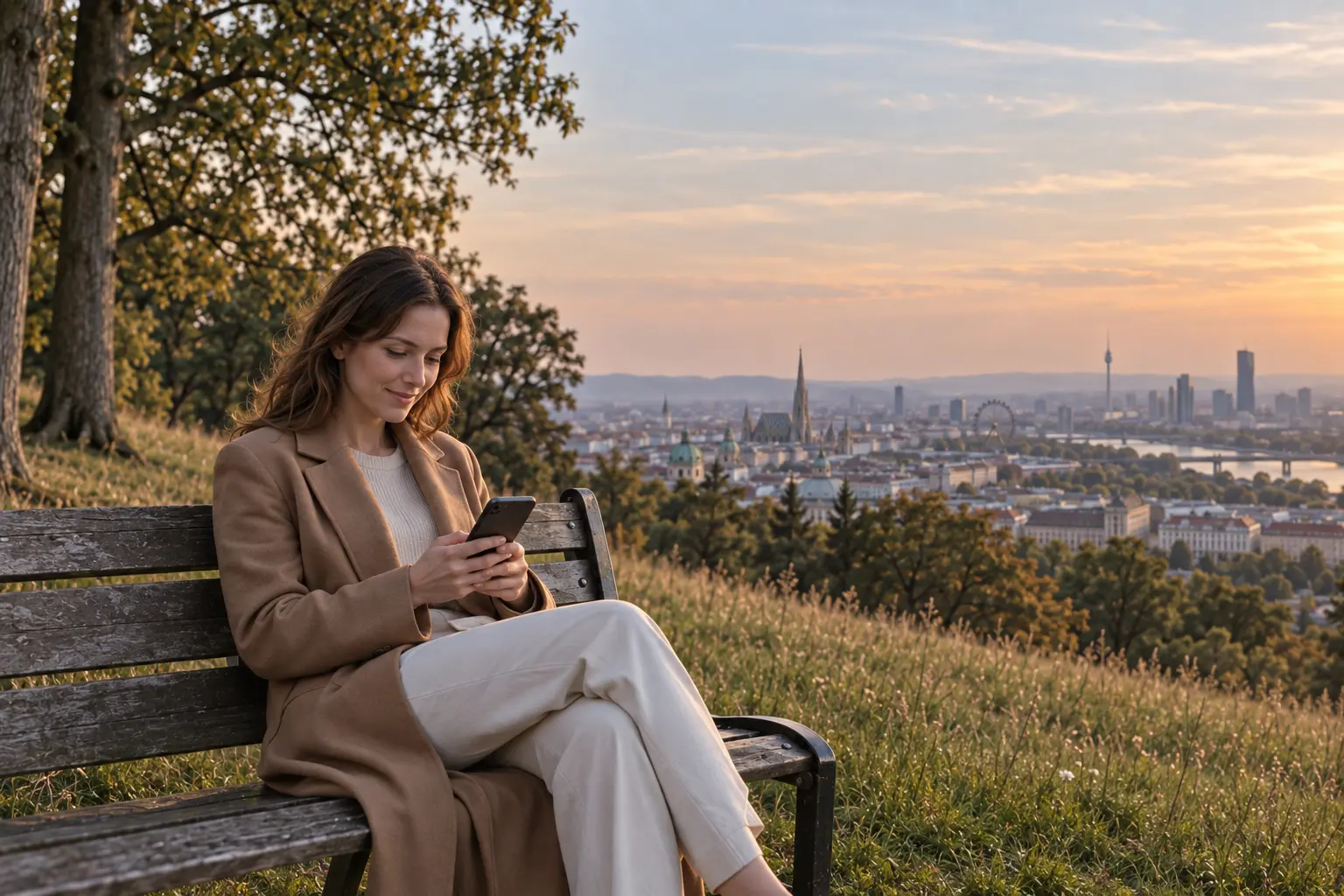 A woman on a park bench reads on her phone, a meadow and the city in evening light behind her