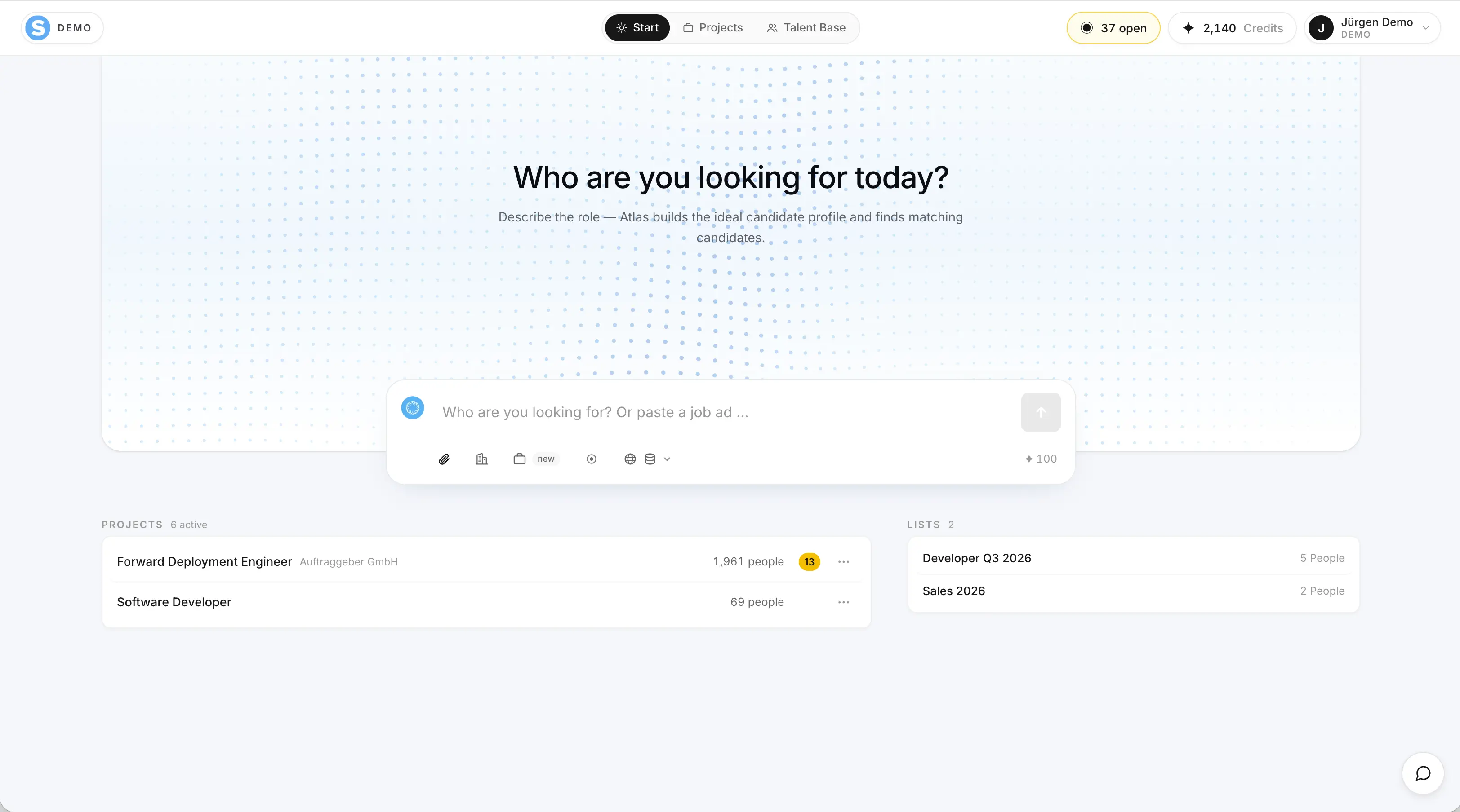 The Atlas Hiring start screen: "Who are you looking for today?" with a search field, the active projects and the saved lists