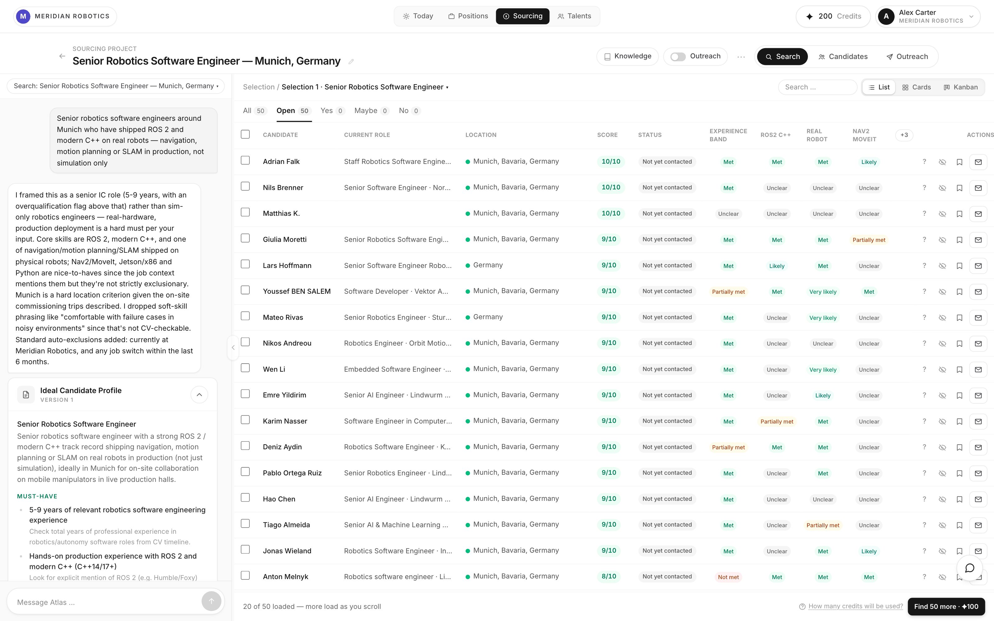 A sourcing project in Sprad: the request typed in plain language, how Atlas read it into a candidate profile, and 50 robotics engineers around Munich scored 8 to 10 out of 10 against every single requirement