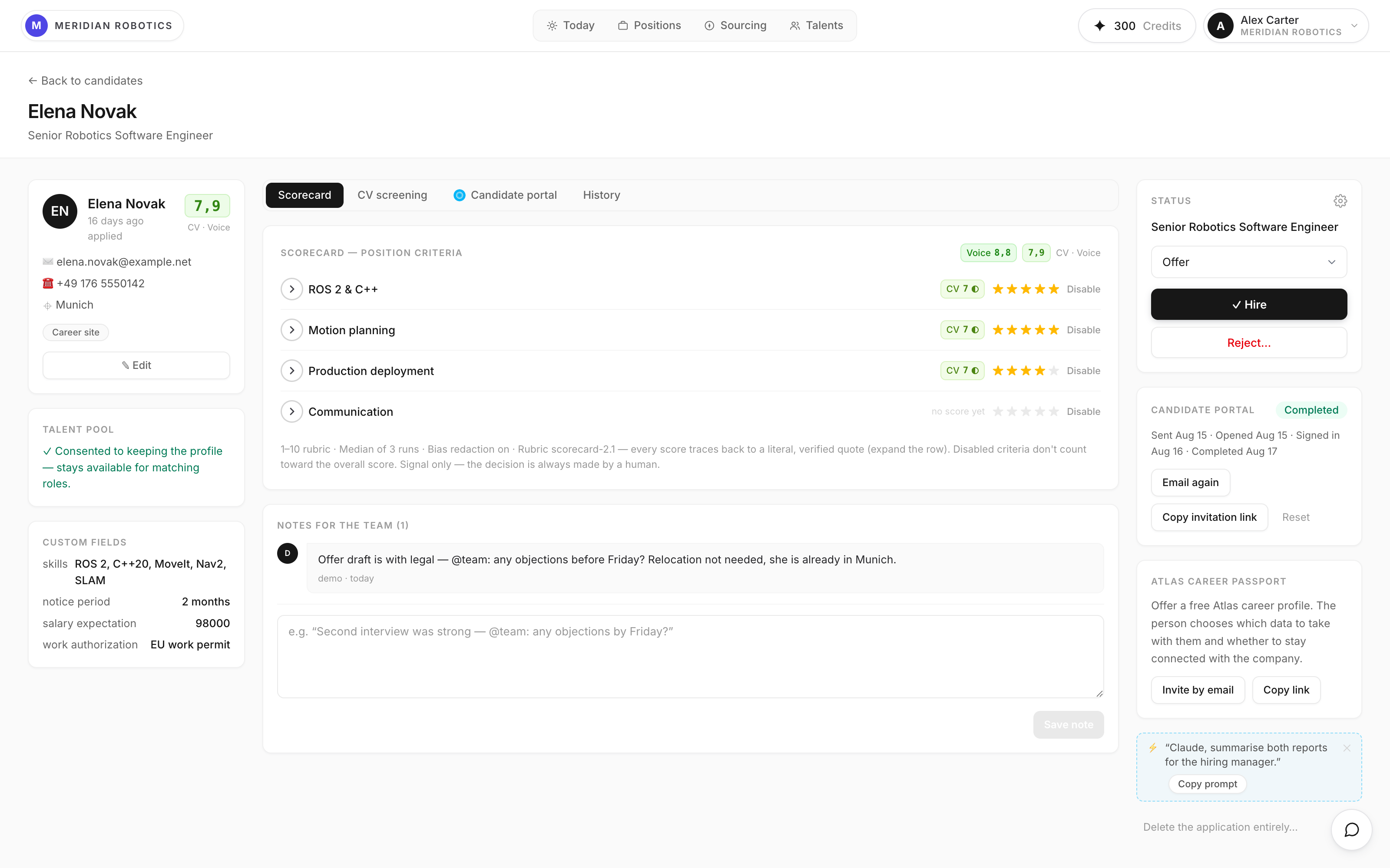 Candidate scorecard in Sprad with CV score, voice interview score and the quotes behind them