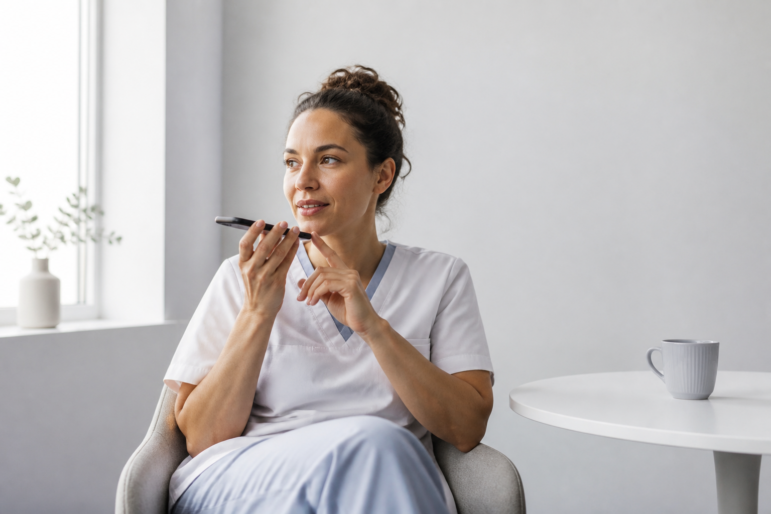Nurse recording a voice application on her phone