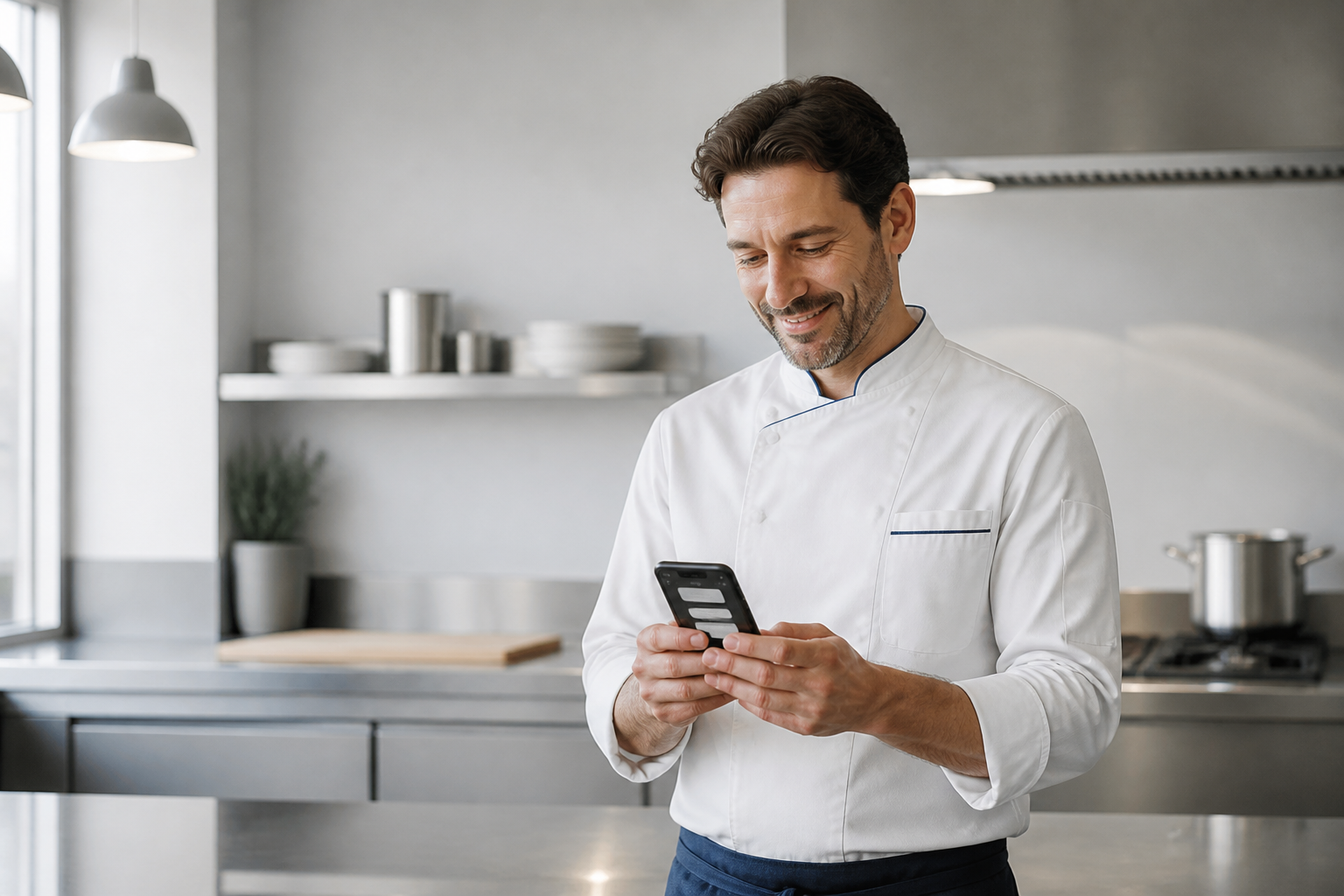 Chef receiving a referral message on his phone