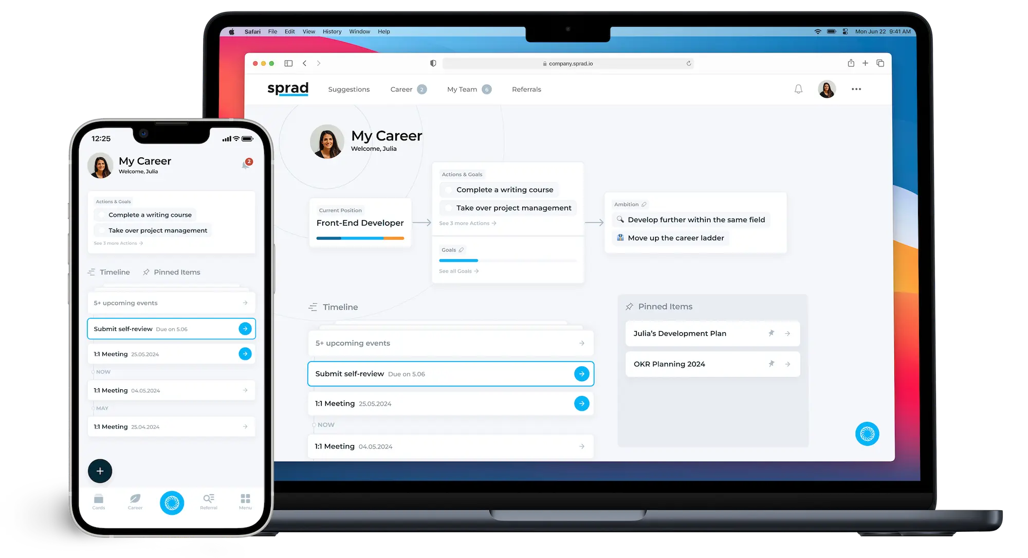 Sprad on MacBook and iPhone: career page, feedback and next steps for one person