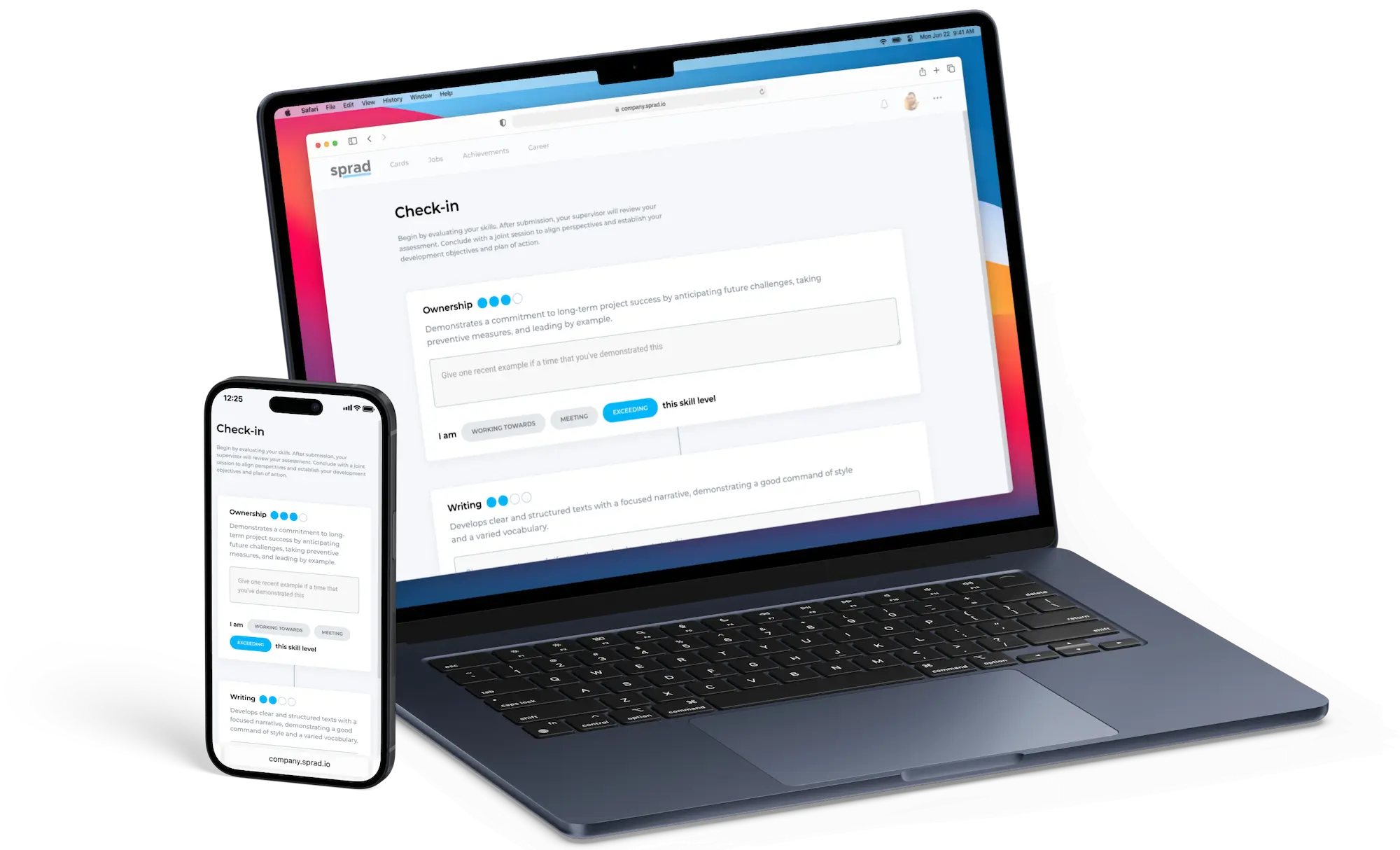 A Sprad skill check-in on phone and laptop with a self-assessment and skill levels