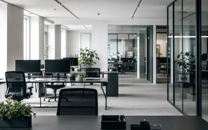 An open-plan office with empty desks and dark monitors