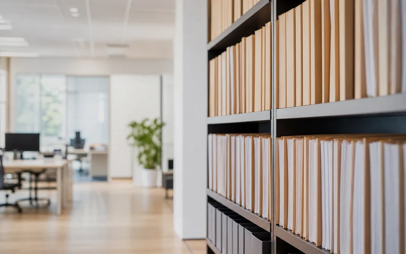 Ein Kanzleiflur: offene Arbeitsplätze auf der einen Seite, Regale mit Mandantenakten auf der anderen