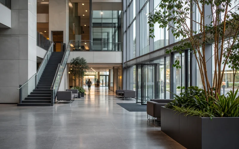 Das Atrium eines Verwaltungsgebäudes, Glasfassade und ein offenes Treppenhaus