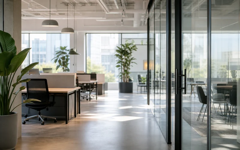 An open-plan agency floor with empty desks and glass meeting rooms