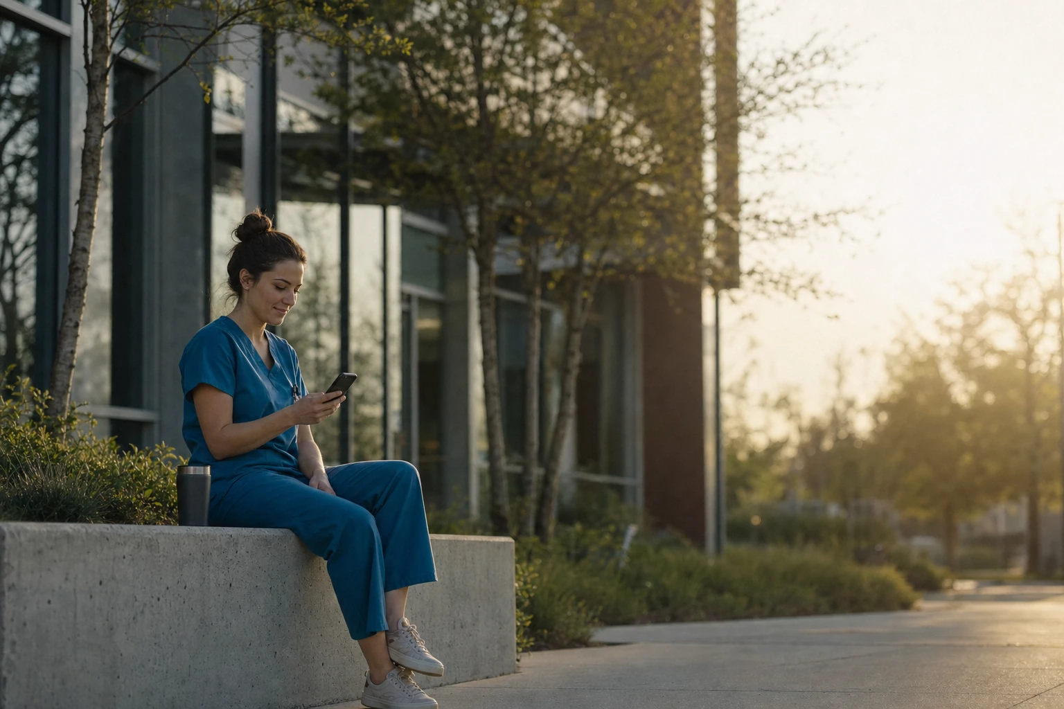 Nurse on her break, looking at her phone
