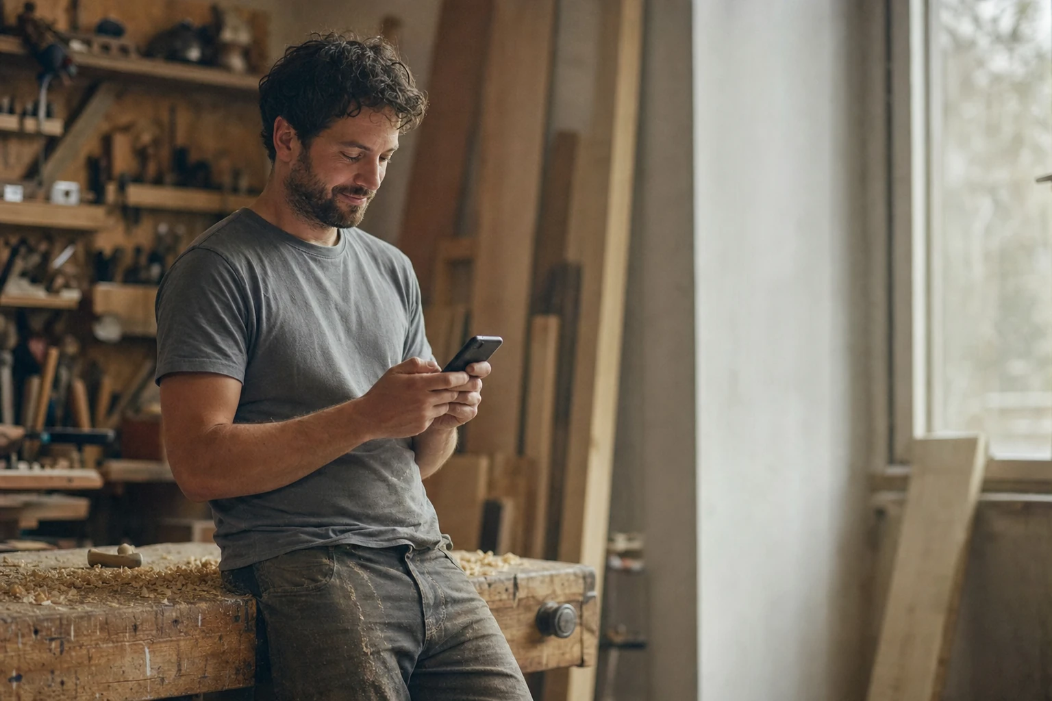 Carpenter in his workshop reading a message on his phone
