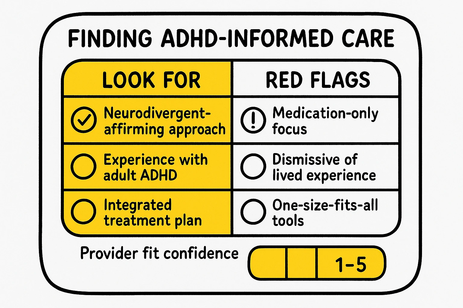 A concise matrix for choosing neurodivergent-informed care, comparing what to seek and avoid in providers.