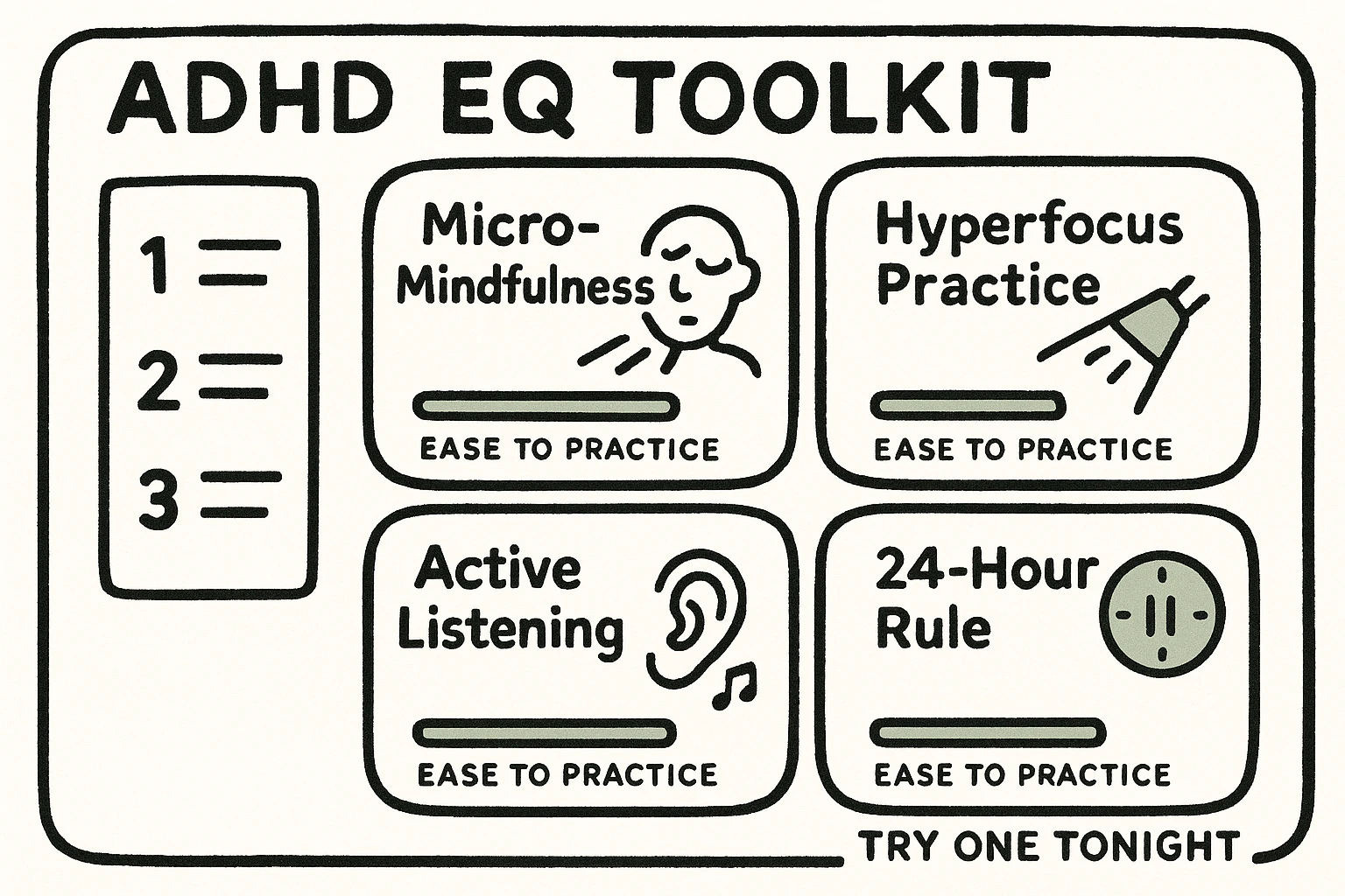 A clear, ADHD-tailored conflict flow showing a four-step pause-and-repair method to de-escalate and rebuild after heated moments.
