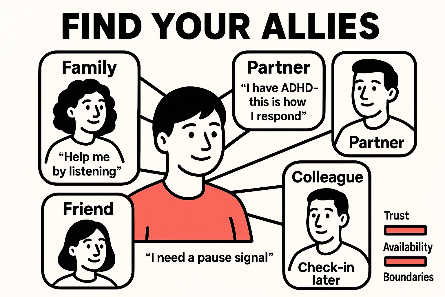 Visualize who can support you and what to say—practical ally scripts and a quick trust check help readers choose who to lean on.