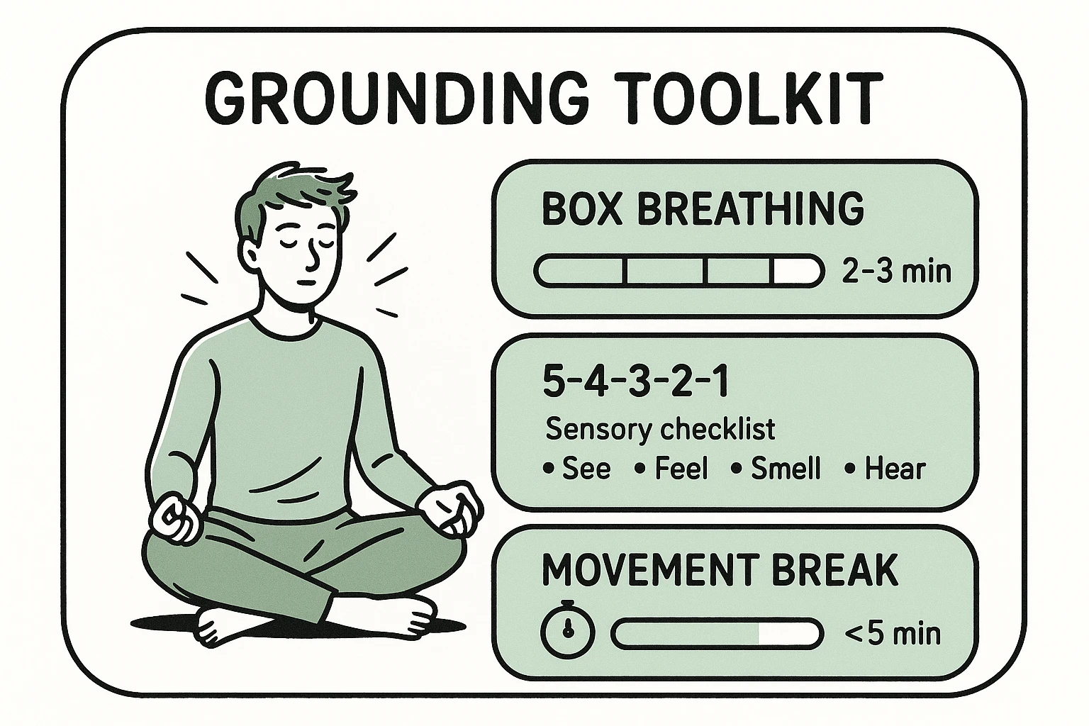 A compact, ADHD-friendly grounding toolkit showing quick techniques with clear time cues so readers can pick one to try now.