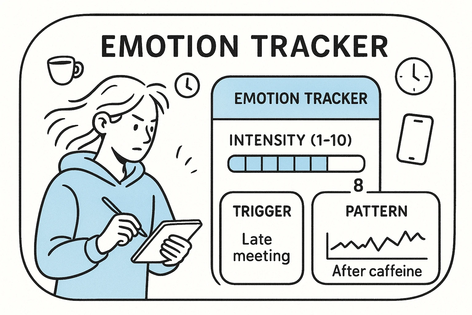 A simple emotion-tracking layout showing triggers, intensity (1–10), and weekly patterns — quick to scan and easy to try daily.