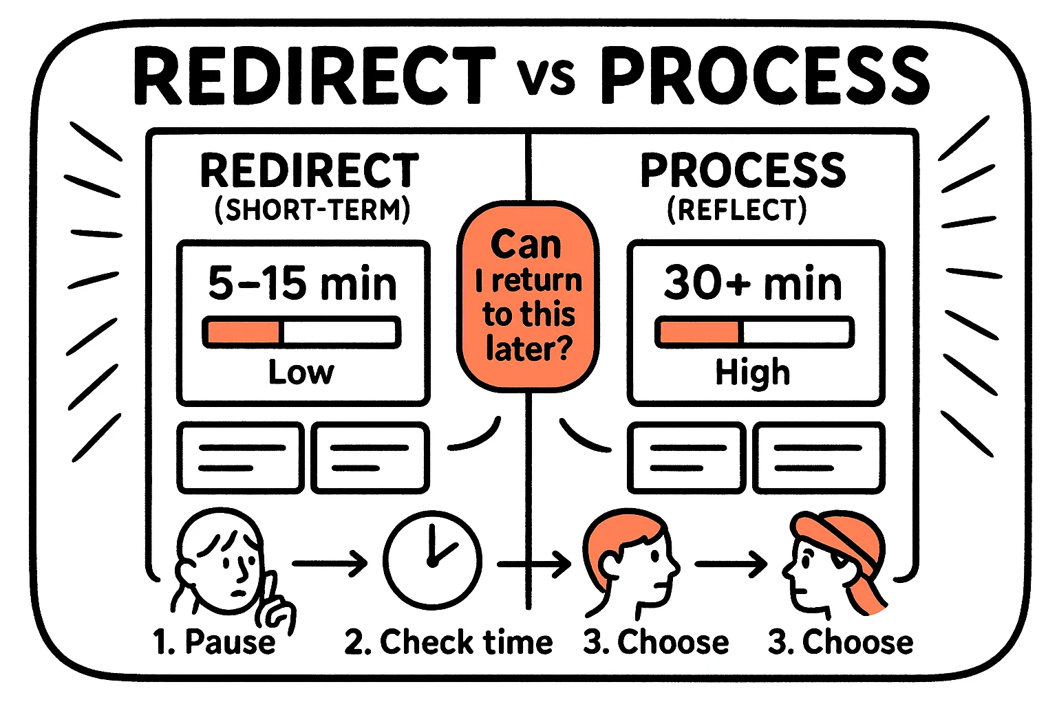 A side-by-side decision guide that helps ADHD adults quickly choose whether to redirect attention or commit to processing an intense emotion.