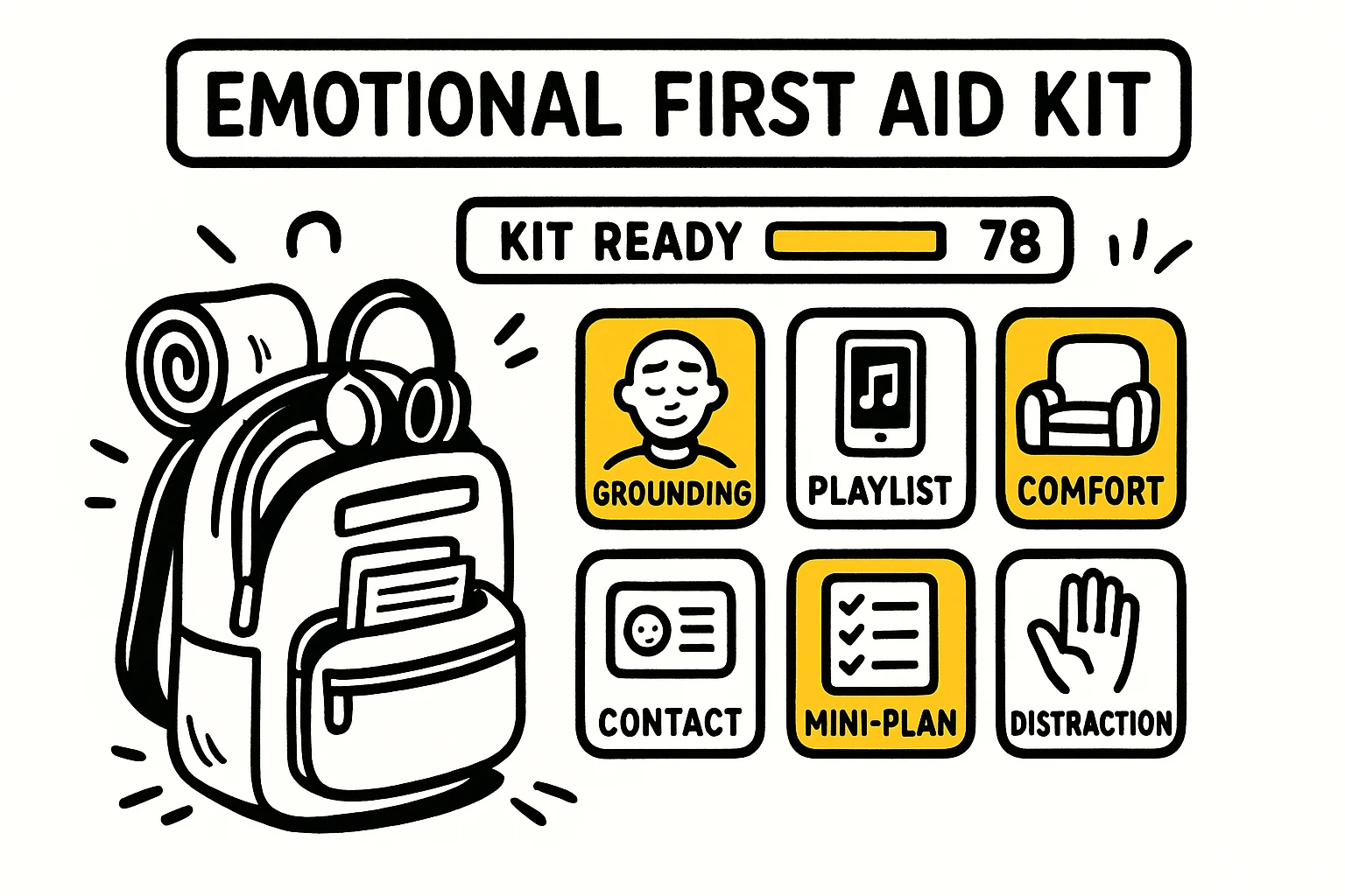 A compact emotional first aid kit layout that lists six go-to tools and a readiness metric to help readers assemble their rapid-response plan.
