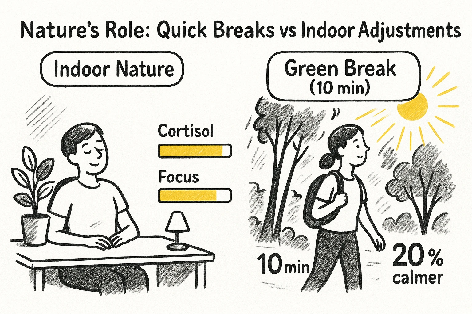 Side-by-side comparison shows how a short green break compares to indoor nature tweaks — quick metrics help decide which intervention to try first.