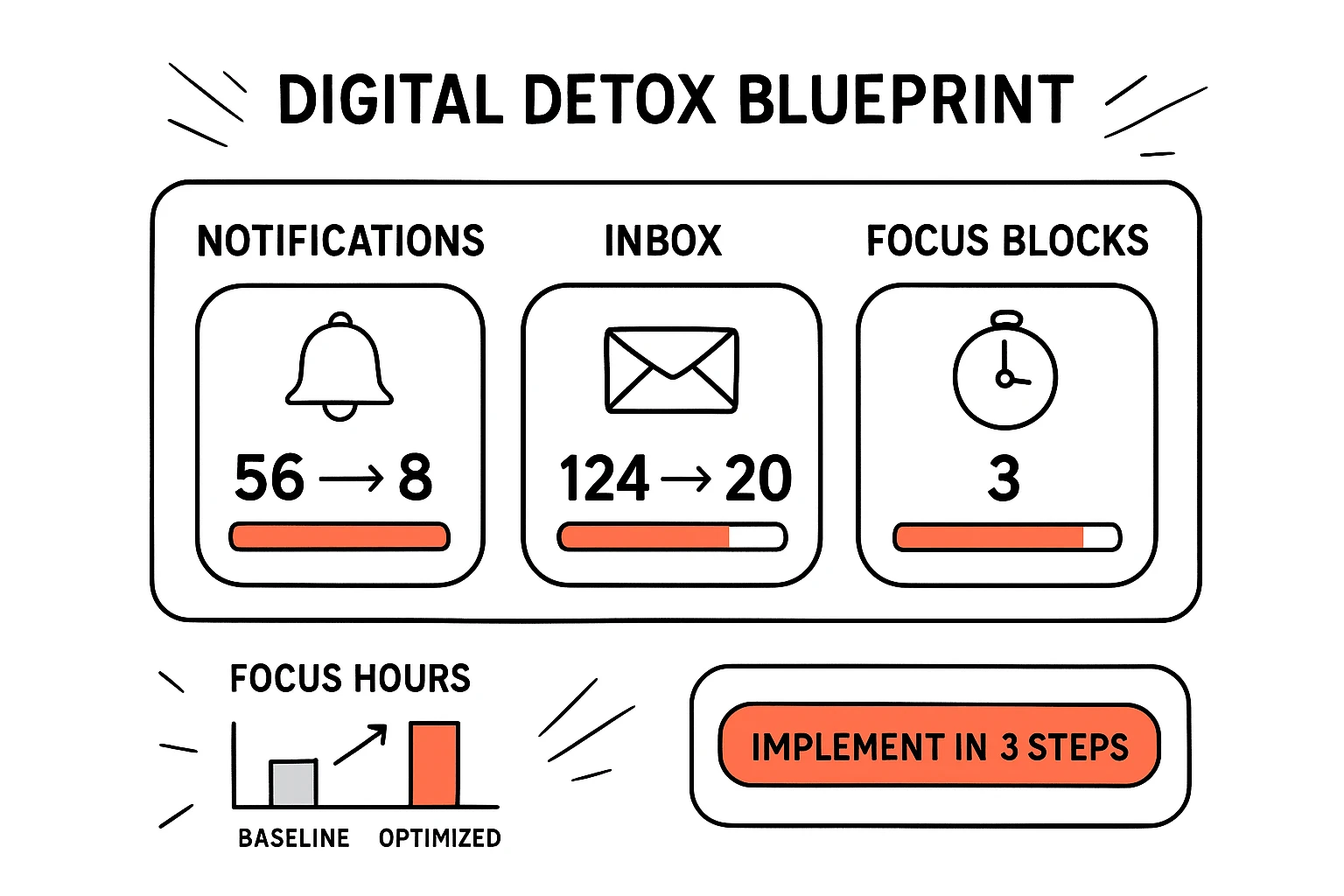 A compact digital detox blueprint: prioritize notification triage, inbox declutter, and focused work blocks with clear before/after metrics to guide implementation.