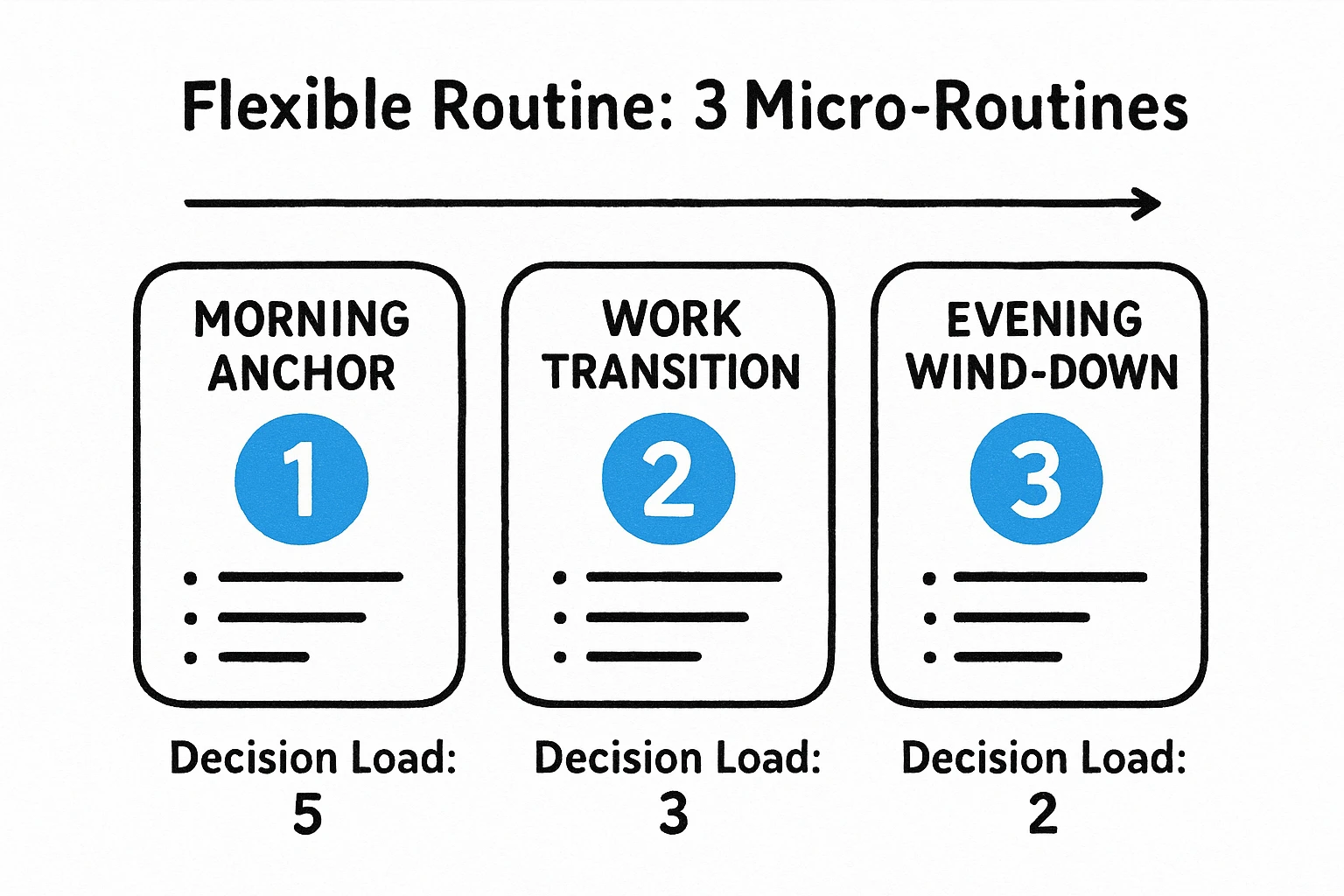 Compare three compact routine templates with clear micro-steps and 'decision load' bars so adults with ADHD can select a practical structure to trial.