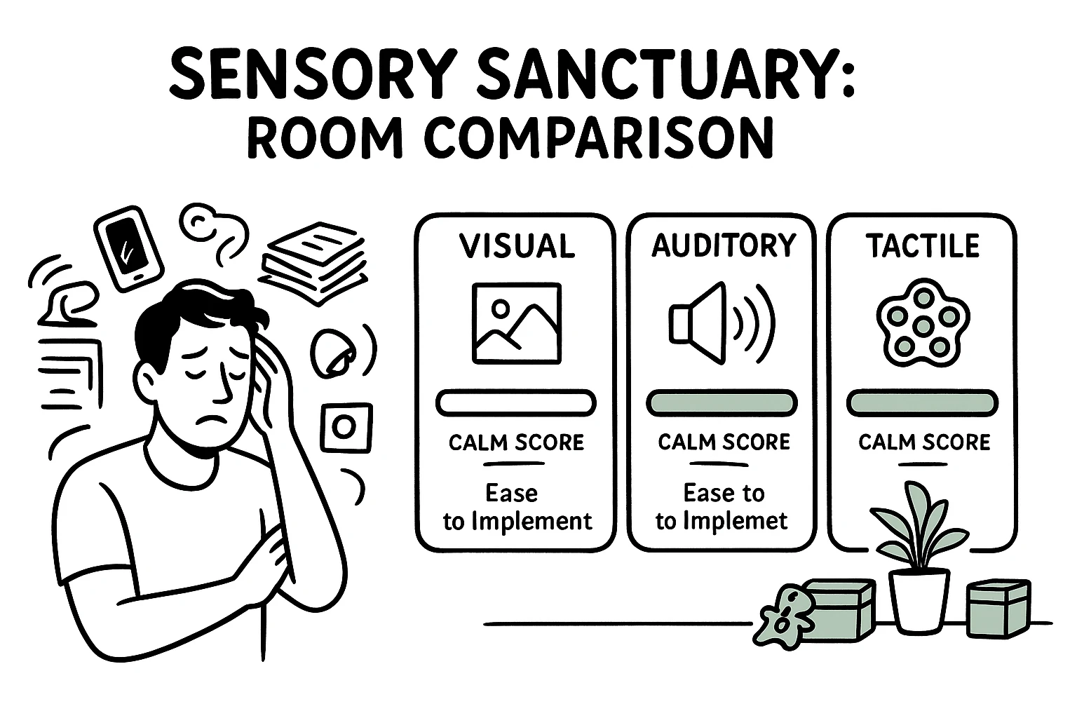 Compare a cluttered 'before' room with a sensory-friendly 'after' layout — three clear domains (visual, auditory, tactile) and horizontal bars showing practical calm improvements.