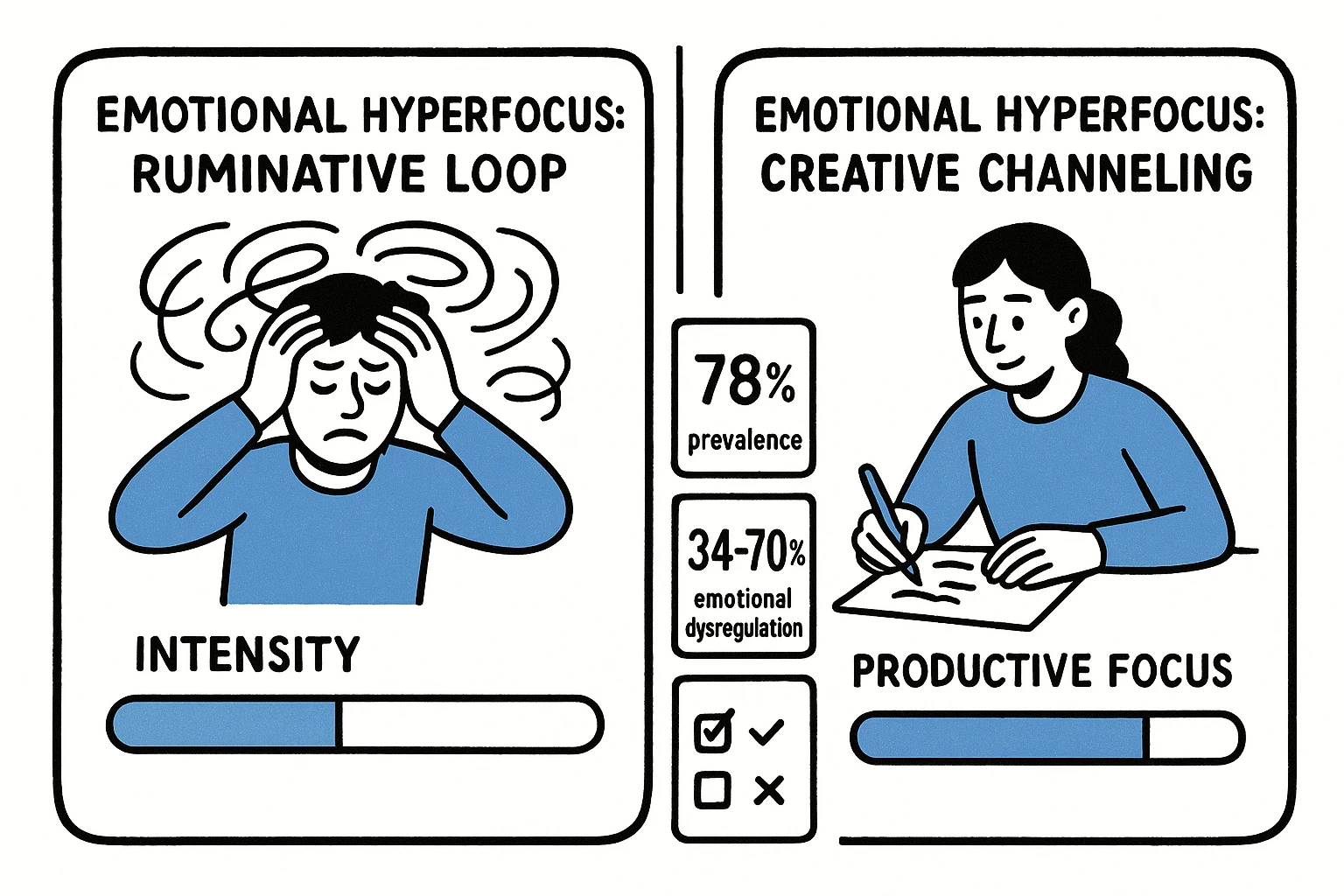 Side-by-side comparison showing when emotional hyperfocus becomes ruminative versus when it fuels creativity, with clear metrics and quick takeaways for self-identification.