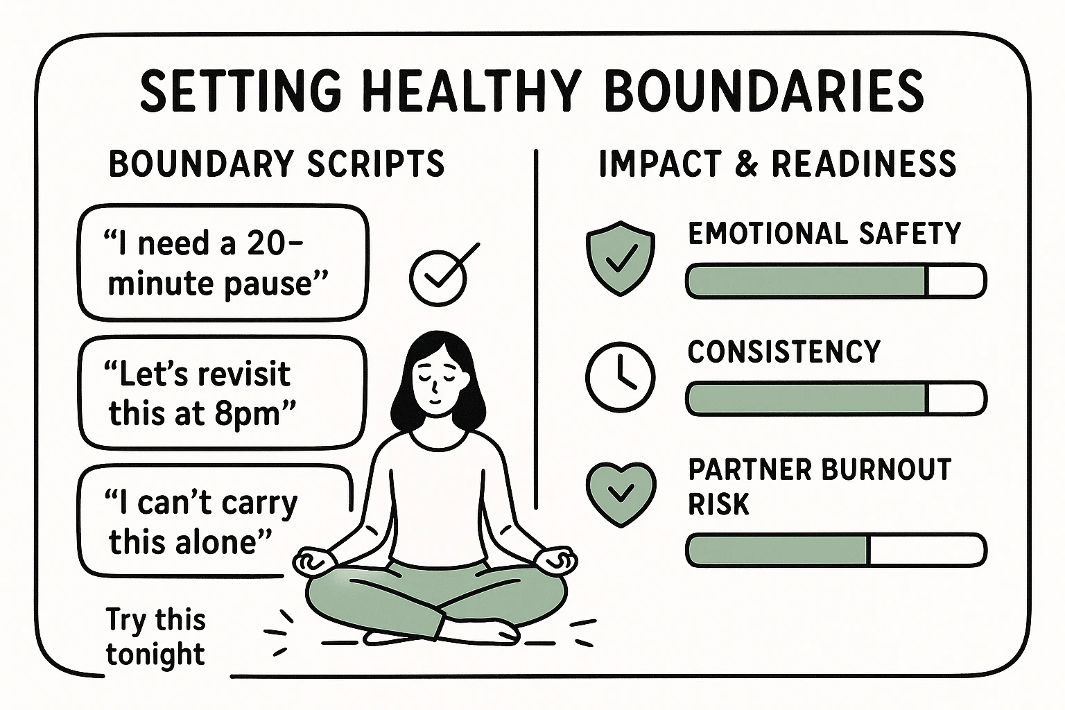 Compare three communication approaches—quick-read cards and progress bars help couples choose the strategy best suited to their emotional dynamics.