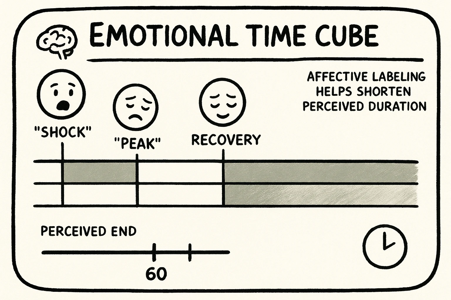 A flow chart illustrating emotional journey: Shock → Peak → Recovery, with normal duration and the impact of ADHD time perception distorting perceived duration.