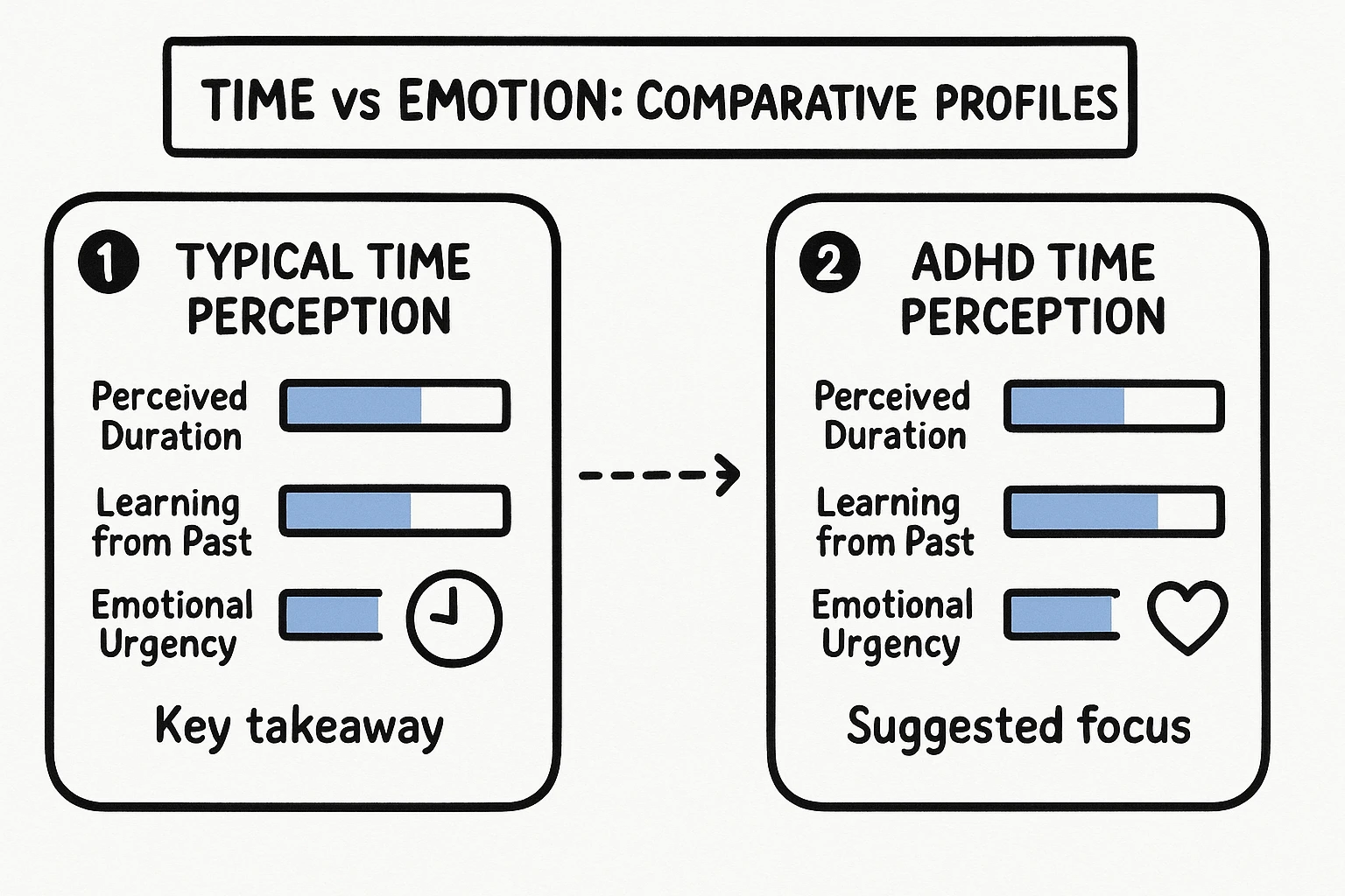 Comparison bar chart showing how altered time perception in ADHD amplifies emotional urgency and shortens the mind's ability to learn from past feelings.