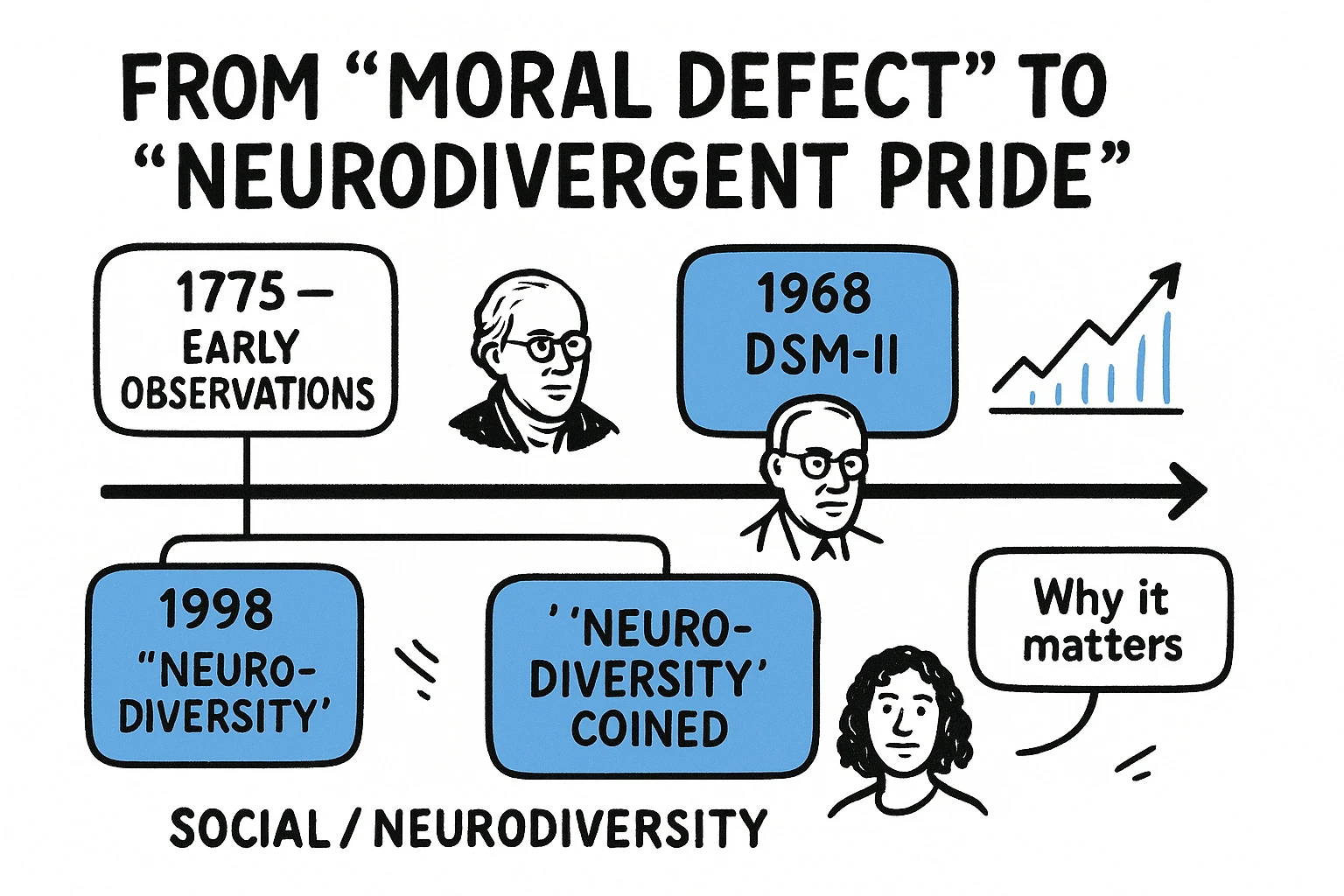 A parallel timeline traces medical DSM milestones alongside the rise of the neurodiversity movement, highlighting when and why views of ADHD shifted.