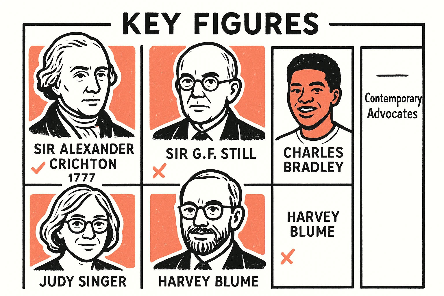 Profiles of pioneers and advocates show who shaped both the medical narrative and the neurodiversity movement, aiding credibility assessment.