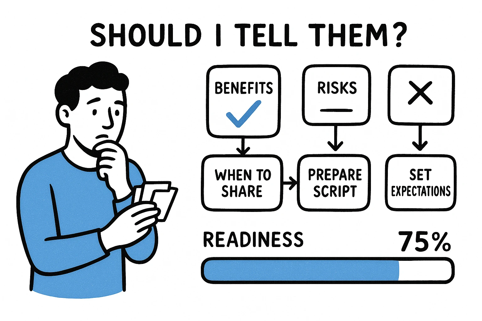A clear disclosure decision flow with a readiness bar and simple pros/cons helps adults with ADHD evaluate when and how to tell loved ones.