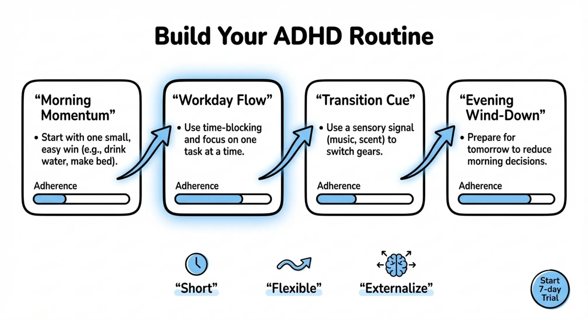A flexible, four-phase routine builder that helps ADHD adults evaluate and pick a sustainable daily rhythm with adherence indicators.