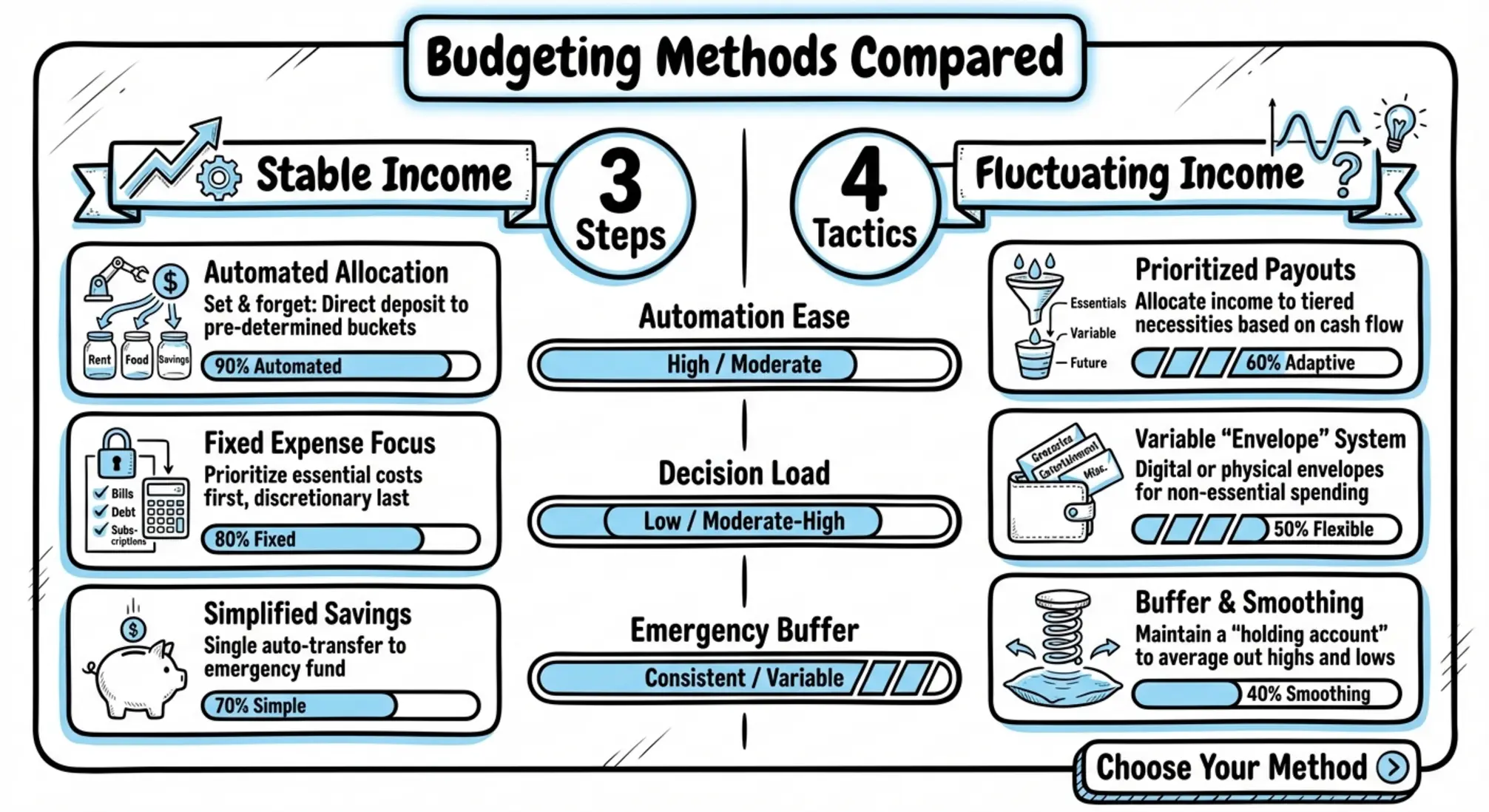 Compare ADHD-friendly budgeting approaches side-by-side to choose the method that fits your income rhythm and executive-function needs.