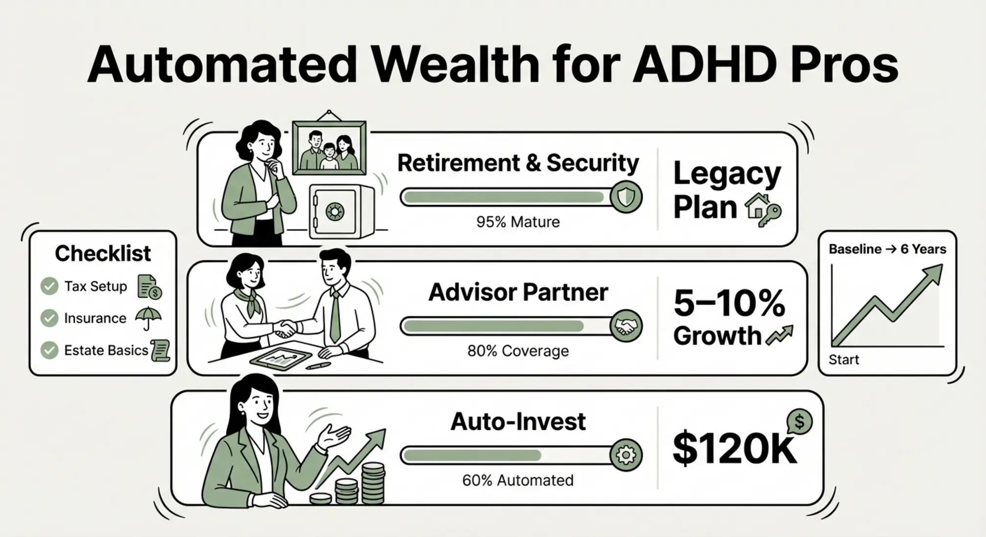 Show the long-term value of automation and advisor partnerships for professionals with ADHD—simple tiers, clear milestones, actionable checklist items.