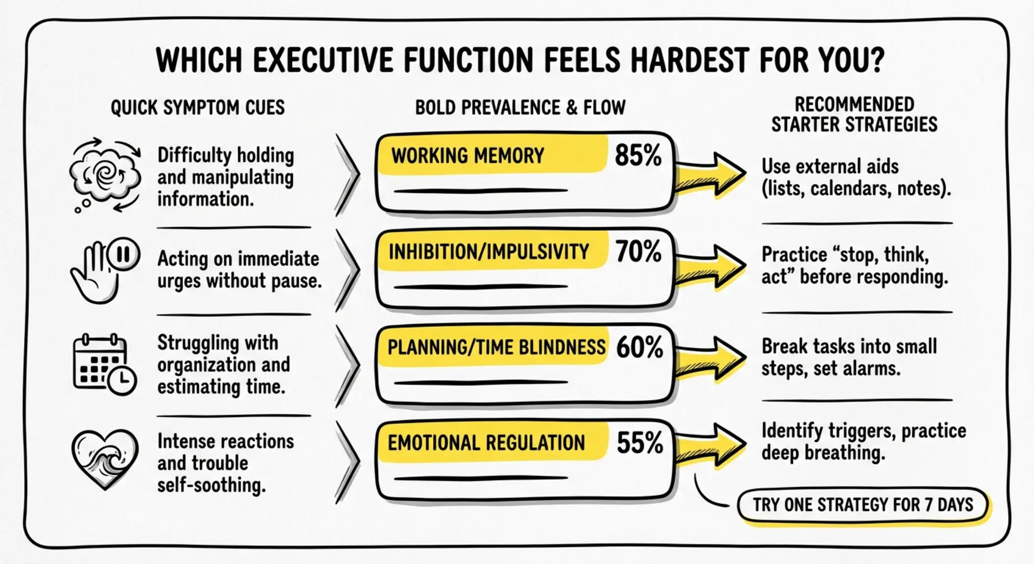 A compact self-assessment that helps readers match their symptoms to the most impacted executive function and select a first-step strategy to try for one week.