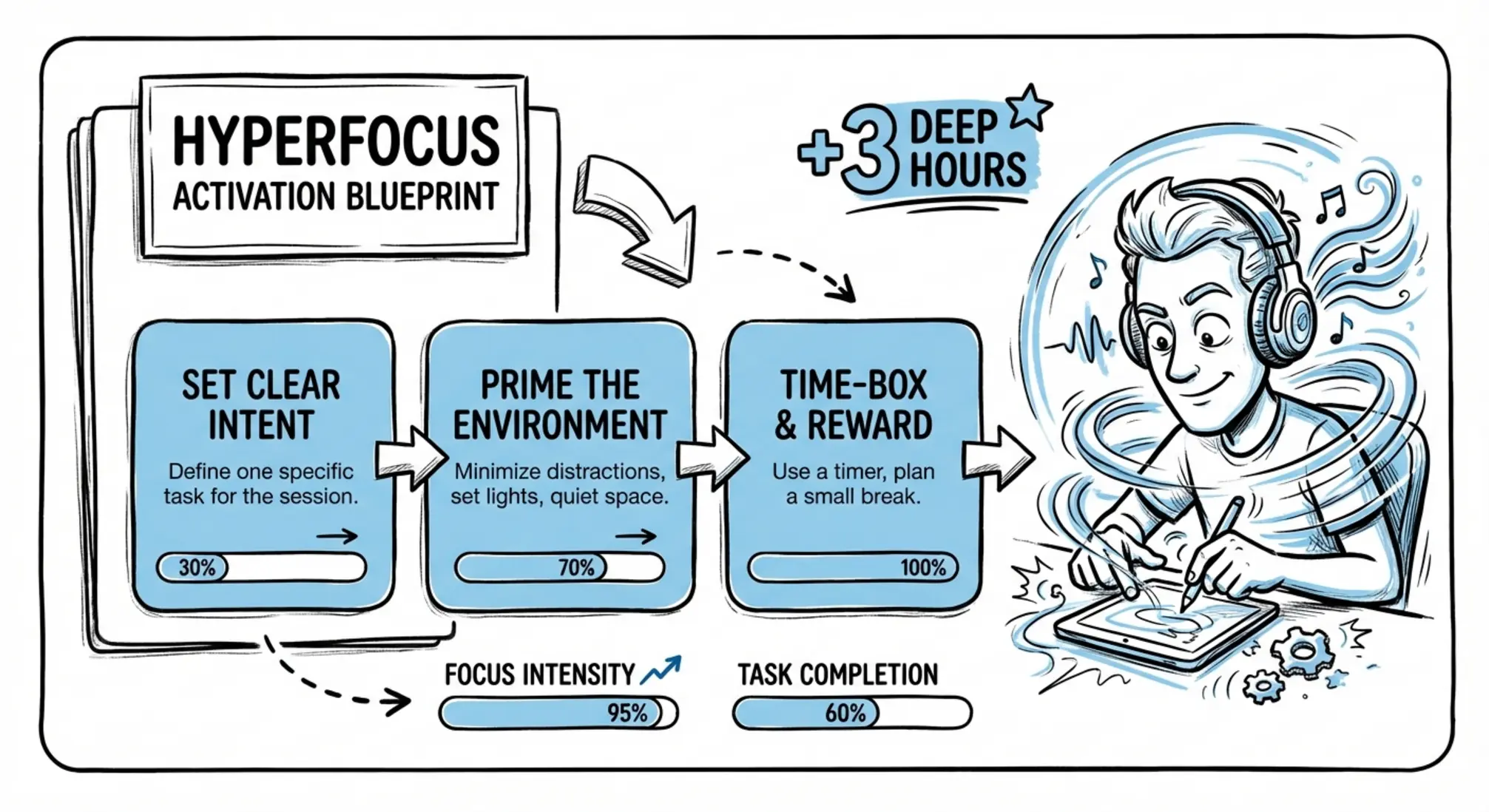 A three-step visual blueprint to intentionally trigger and direct hyperfocus—clear steps, progress bars, and a bold 'deep hours' metric to guide action.