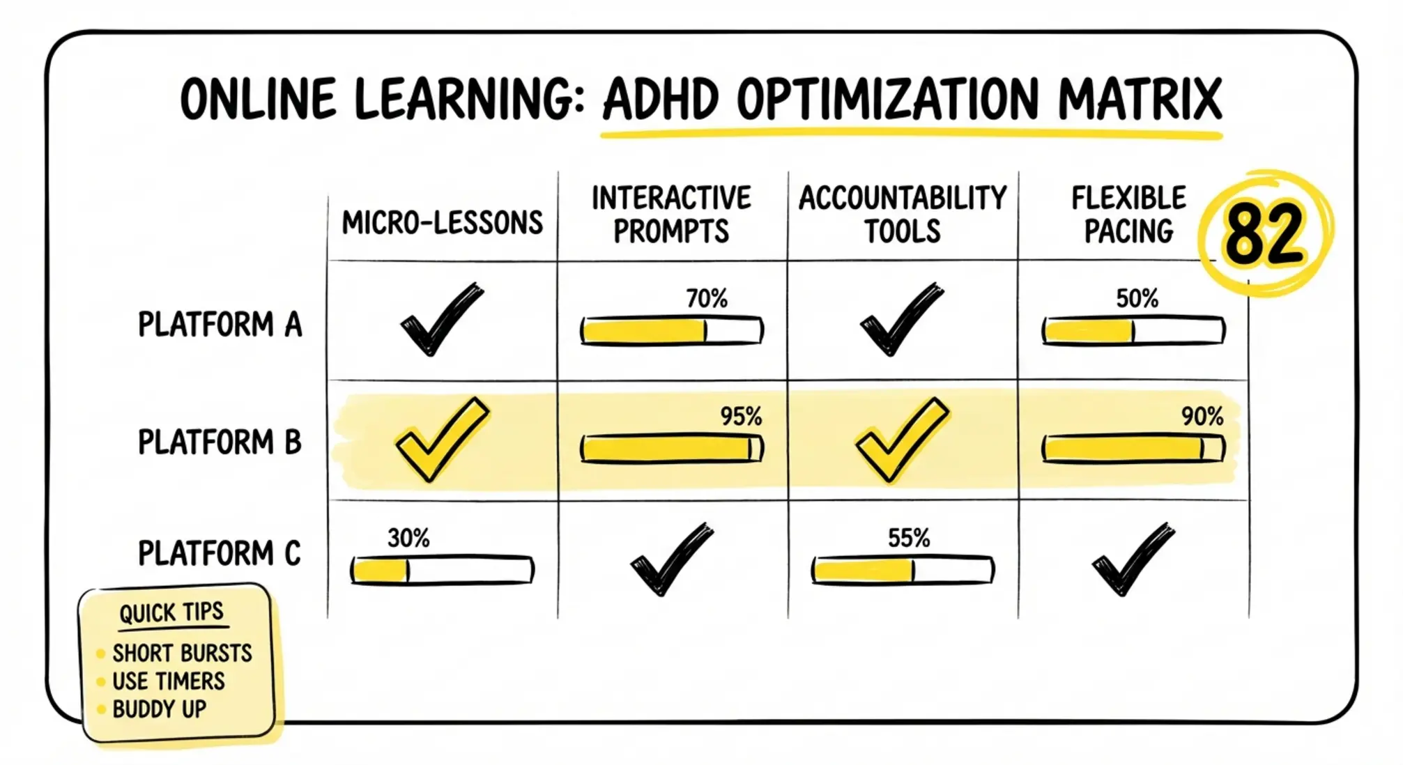 A quick comparison matrix that shows which platforms best support ADHD learners—engagement bars and tips make platform choice easier and more confident.