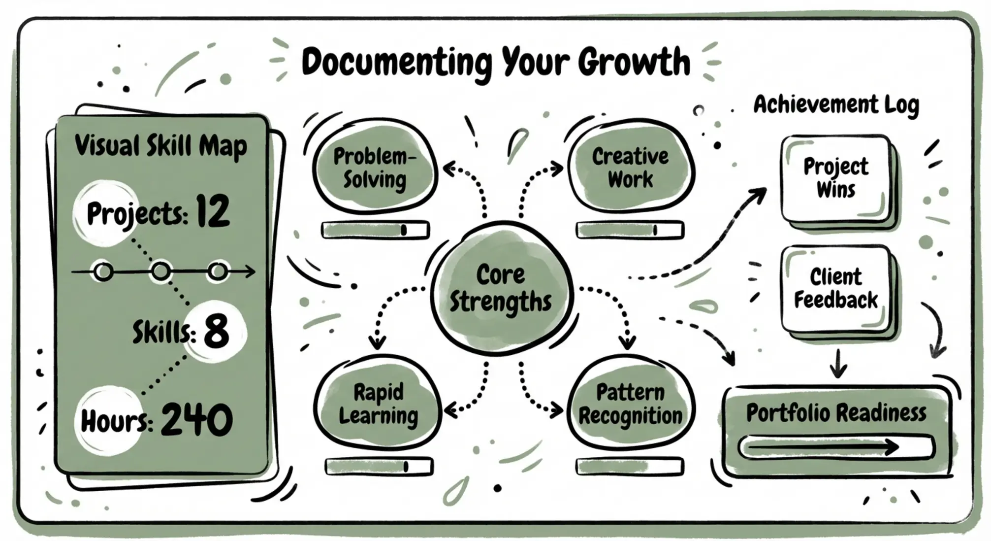 A visual skill map and achievement log designed to help ADHD professionals track strengths, quantify wins, and prepare a portfolio for career conversations.