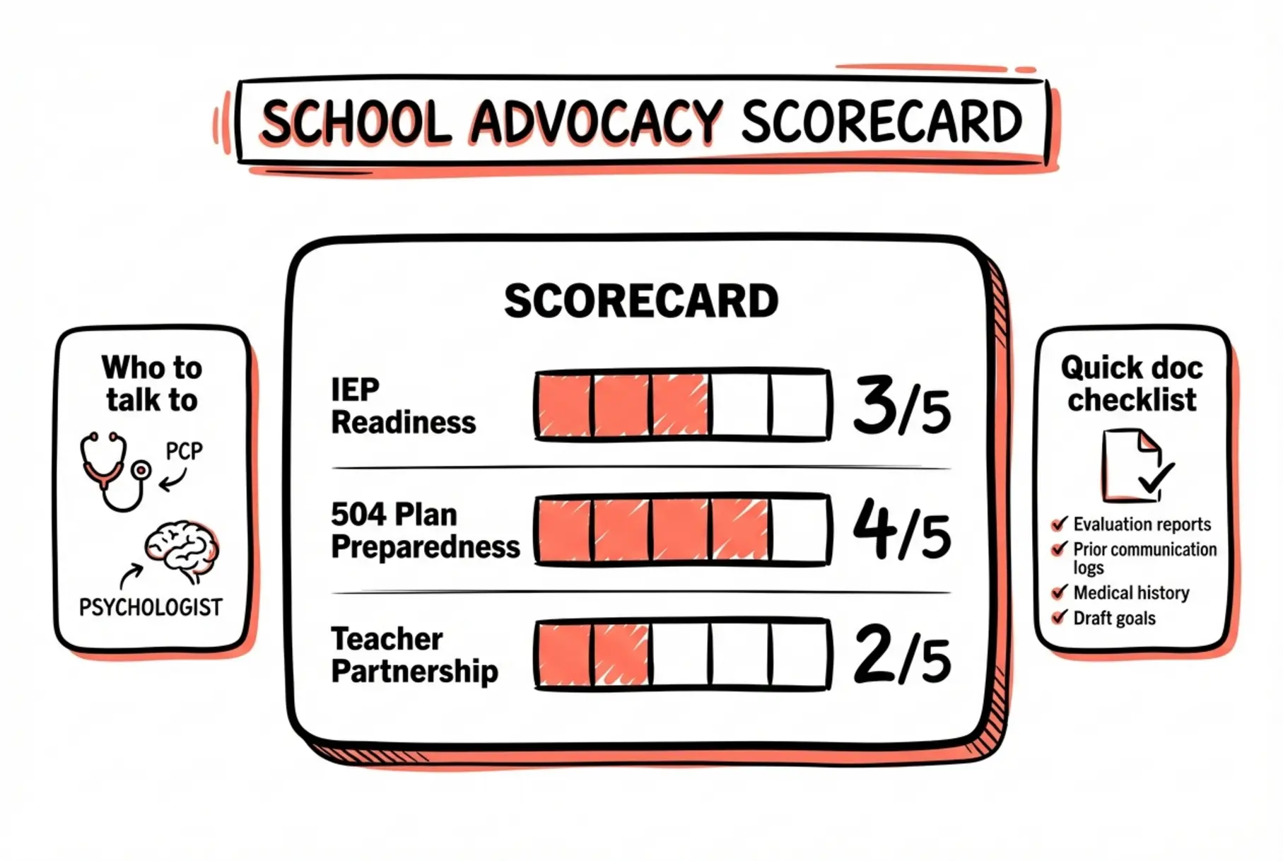 A concise school advocacy scorecard showing readiness levels for IEPs, 504 plans, and teacher collaboration — plus quick contact steps to act next.