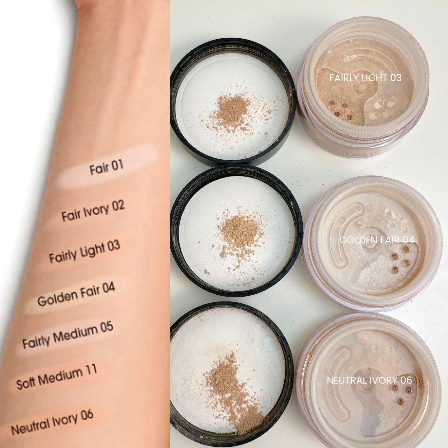 베어미네랄 페어리라이트·골든페어·뉴트럴아이보리 발색 비교 (bareMinerals 03 04 06 shade comparison swatch)