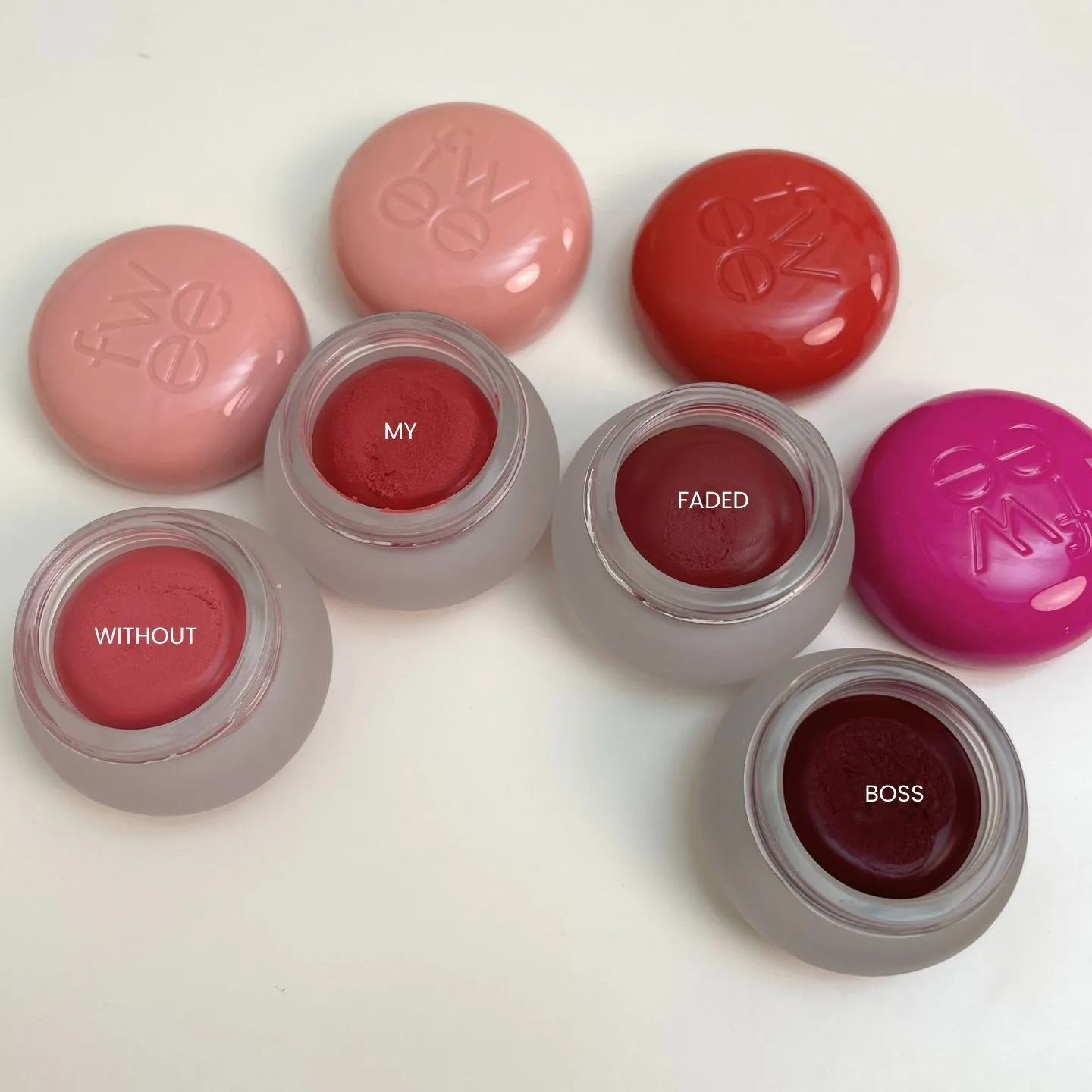  퓌 립치크 블러리 푸딩팟 4컬러 탑뷰컷 (fwee lip cheek pudding 4 colors top view)