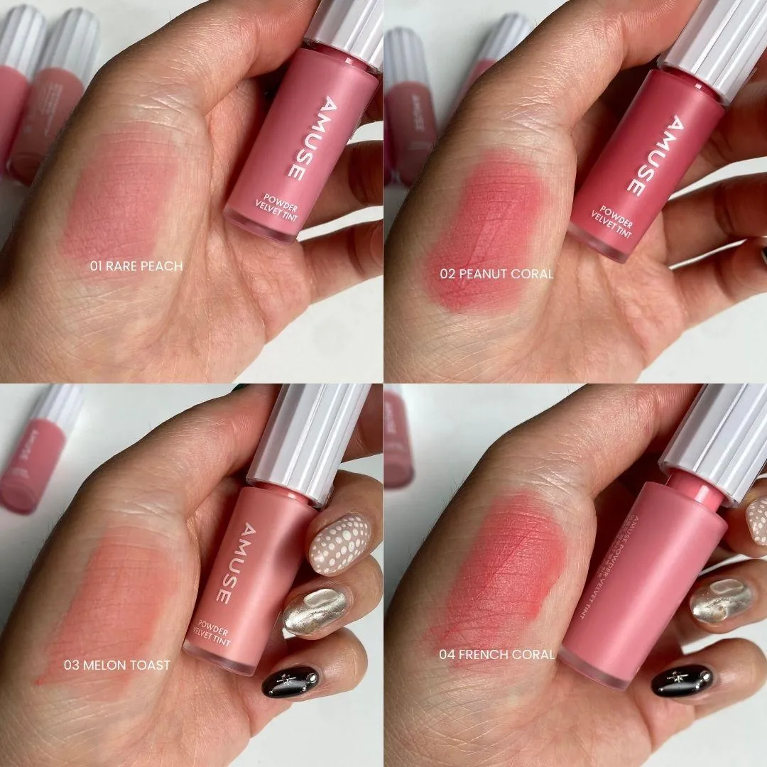 어뮤즈 파우더 벨벳 틴트 01 레어 피치 02 피넛 코랄 03 멜론 토스트 04 프렌치 코랄 발색 