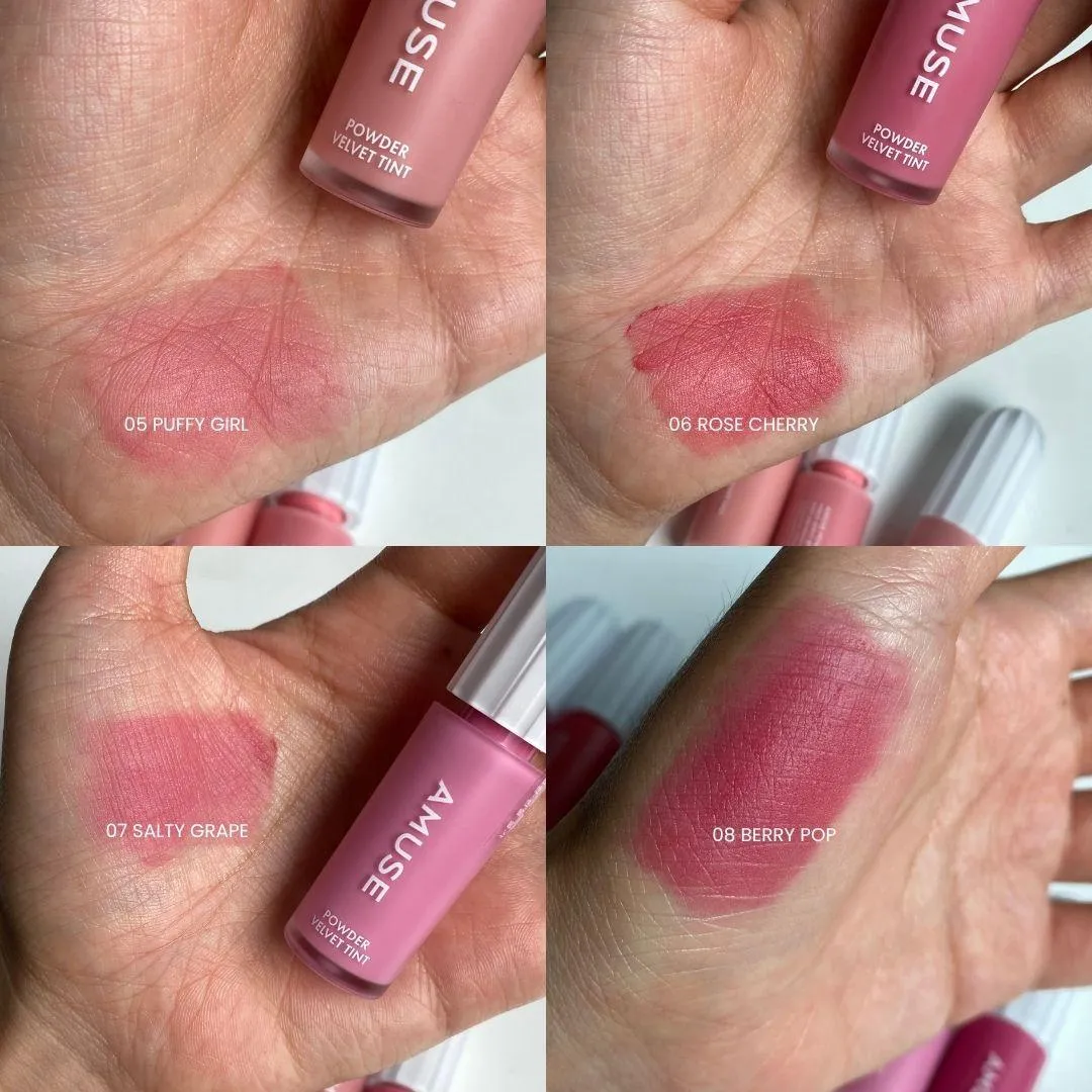 어뮤즈 파우더 벨벳 틴트 05 퍼피 걸 06 로즈 체리 07 솔티 그레이프 08 베리 팝 발색