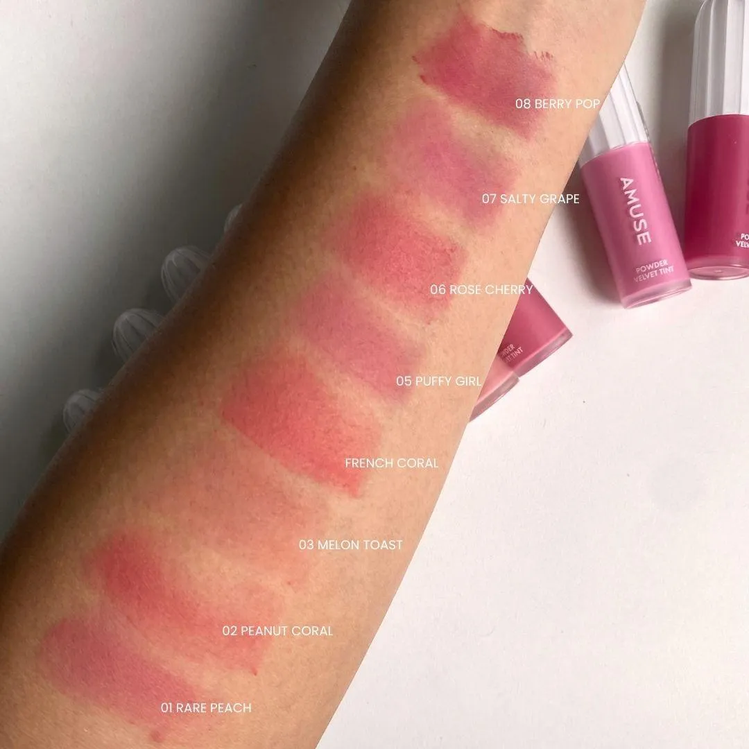 어뮤즈 파우더 벨벳 틴트 전 컬러 실물 발색 (AMUSE Powder Velvet Tint all shades real swatch)